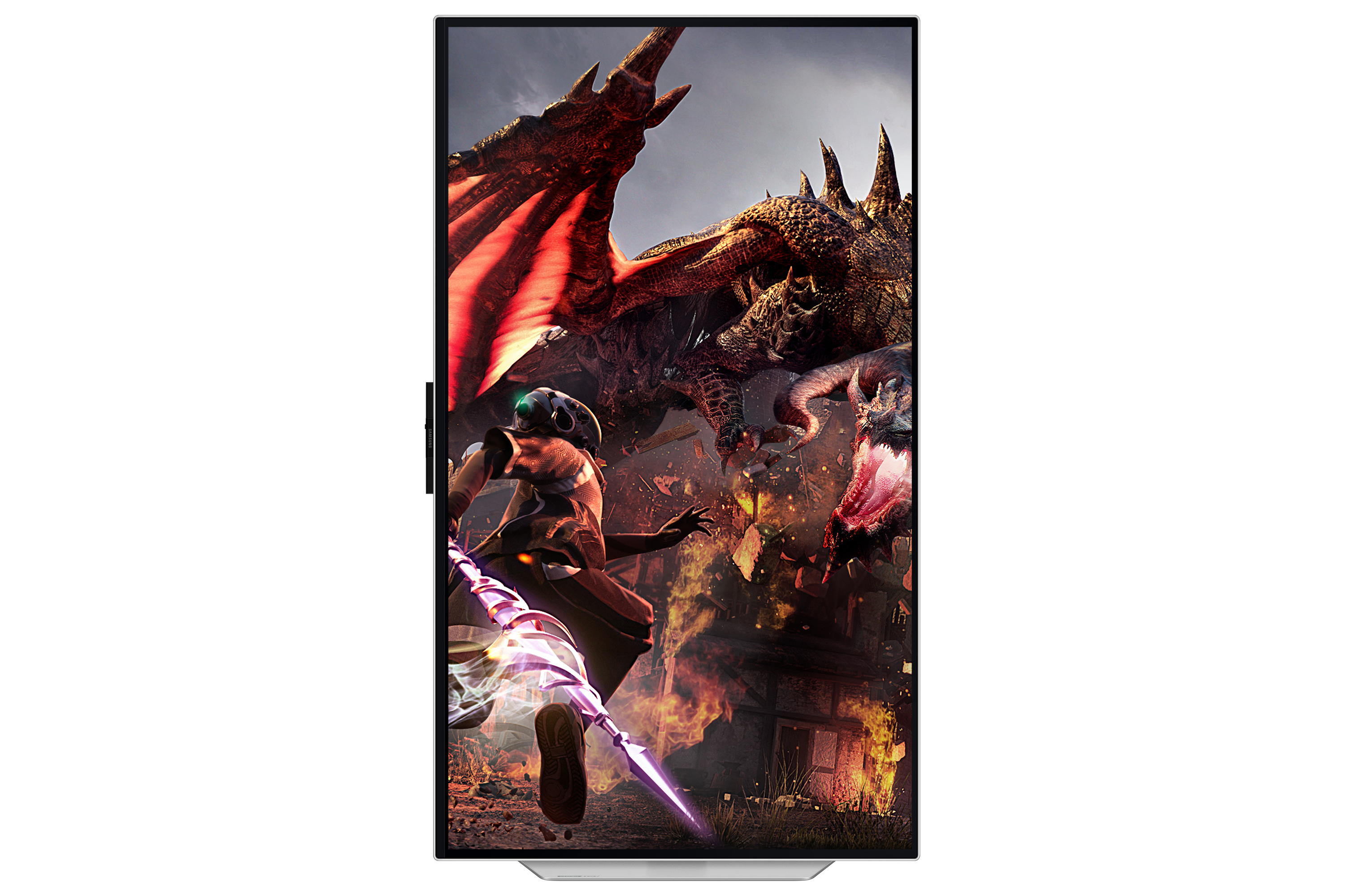 Wojownik z włócznią walczy ze smokiem w płonącym mieście.