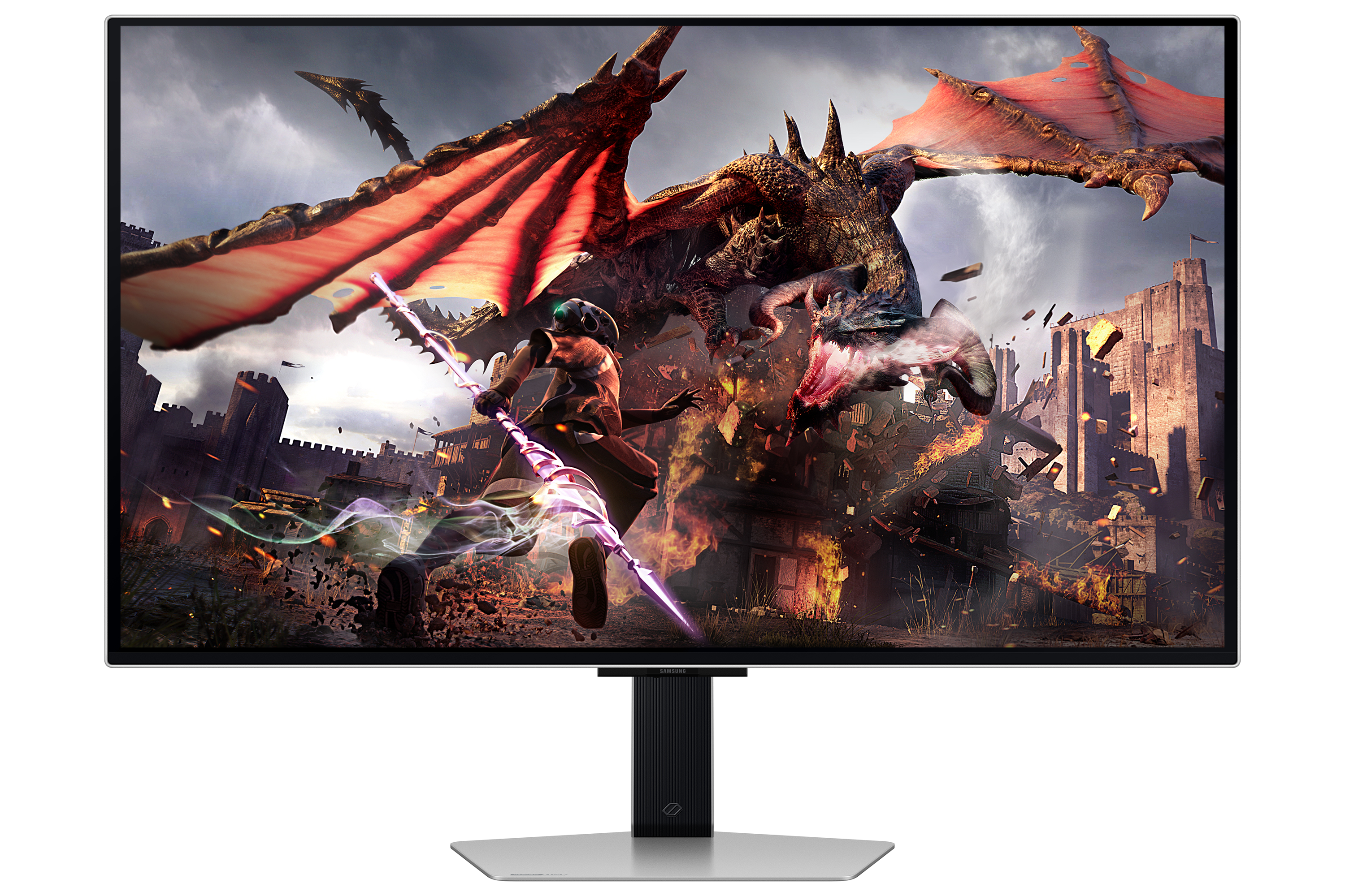 Smok atakuje zamek, podczas gdy wojownik walczy laską.