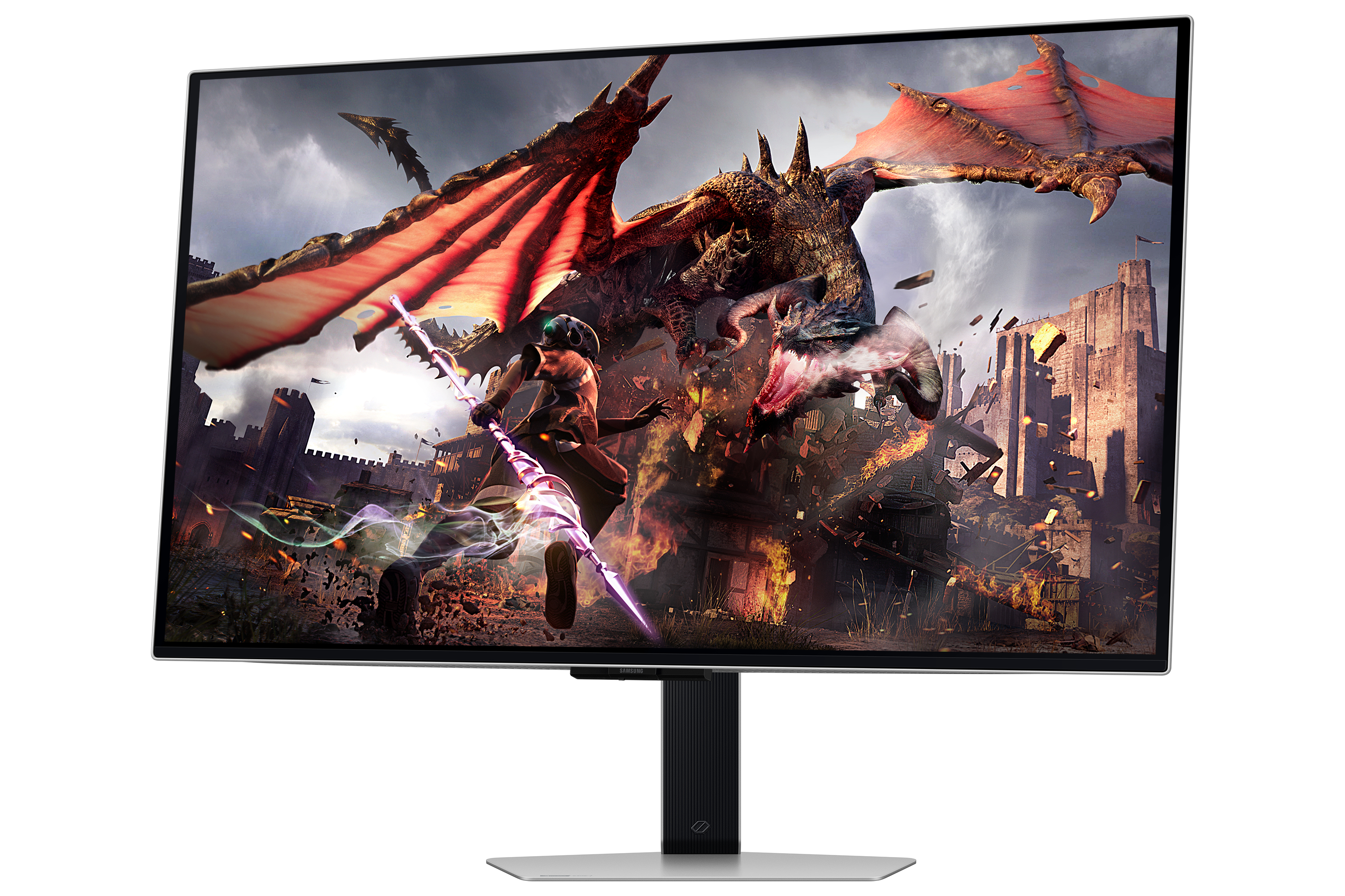 Wojowniczka smoków walczy ze smokiem przed zamkiem.