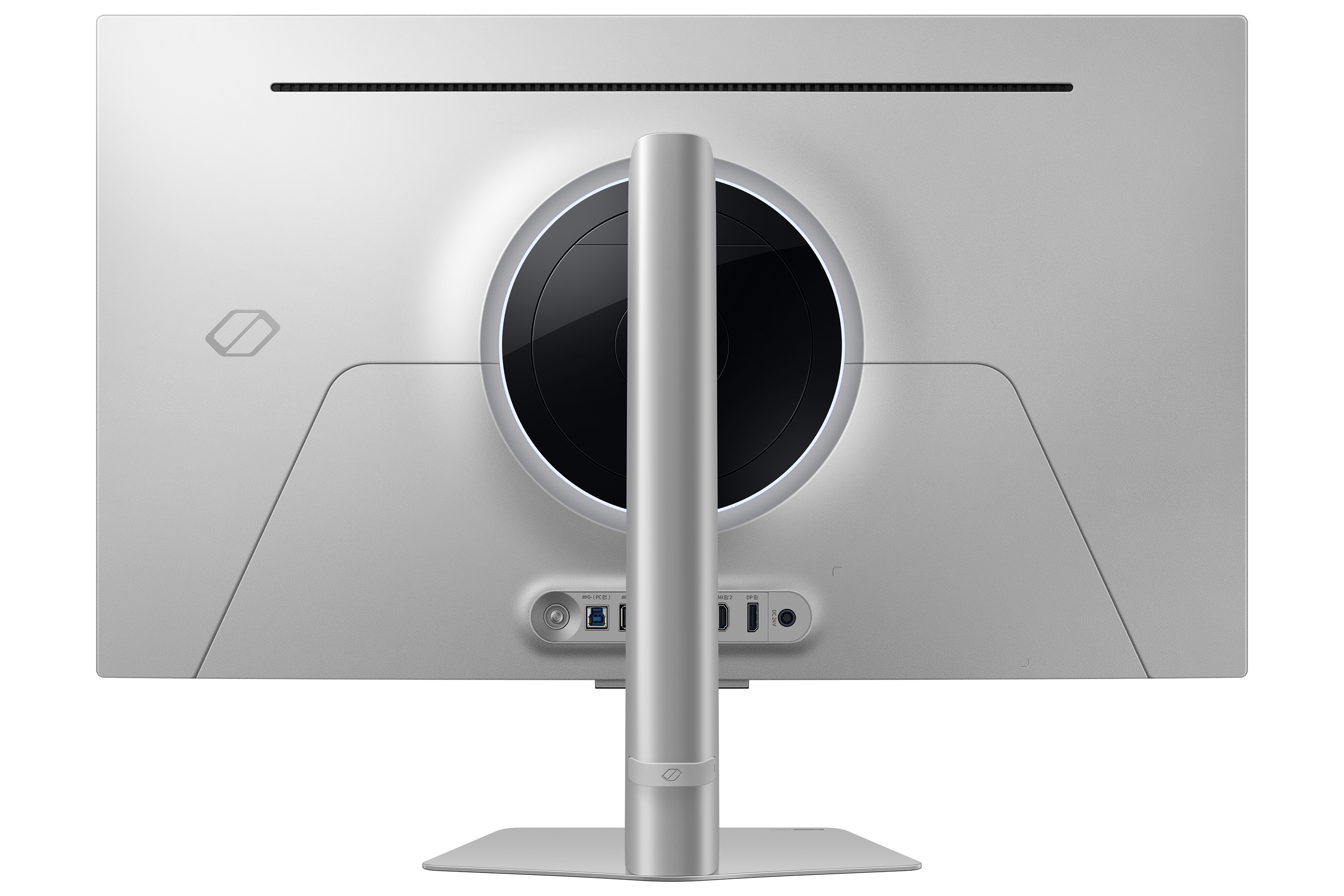 Tył białego monitora ze stojakiem, portami USB i HDMI.