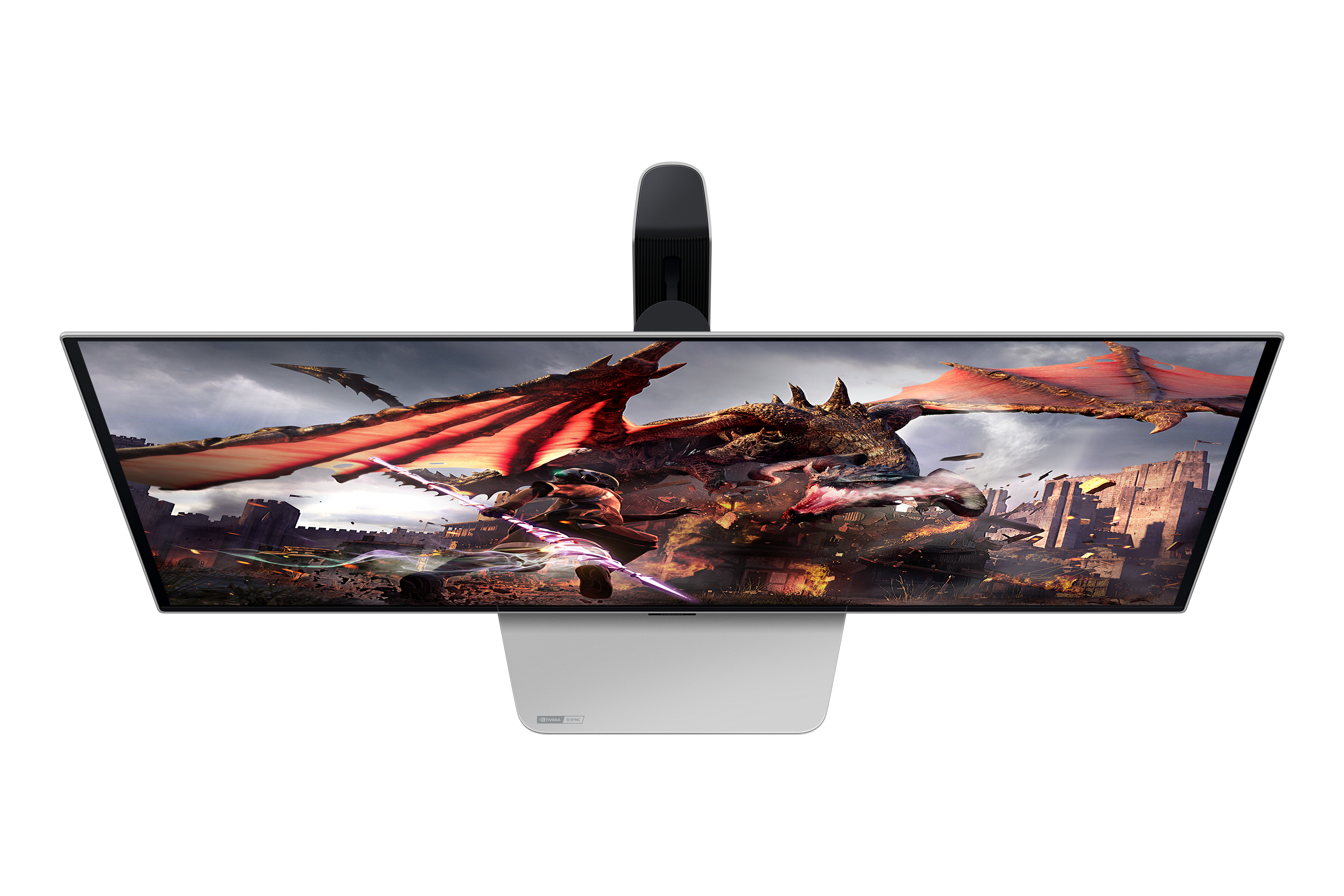 Rycerz walczy ze smokiem przed zamkiem. Widoczna destrukcja i ogień.