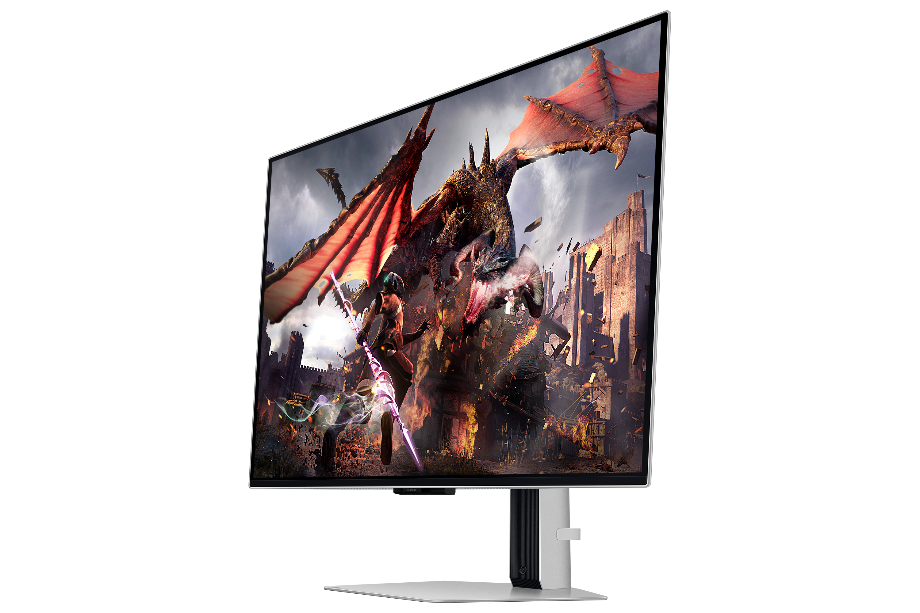 Smok atakuje zamek, podczas gdy wojowniczka walczy laską.