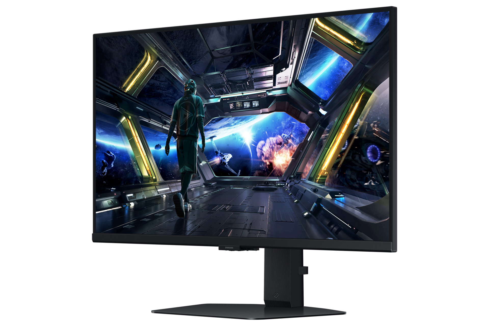 Korytarz statku kosmicznego z astronautą patrzącym na planetę.