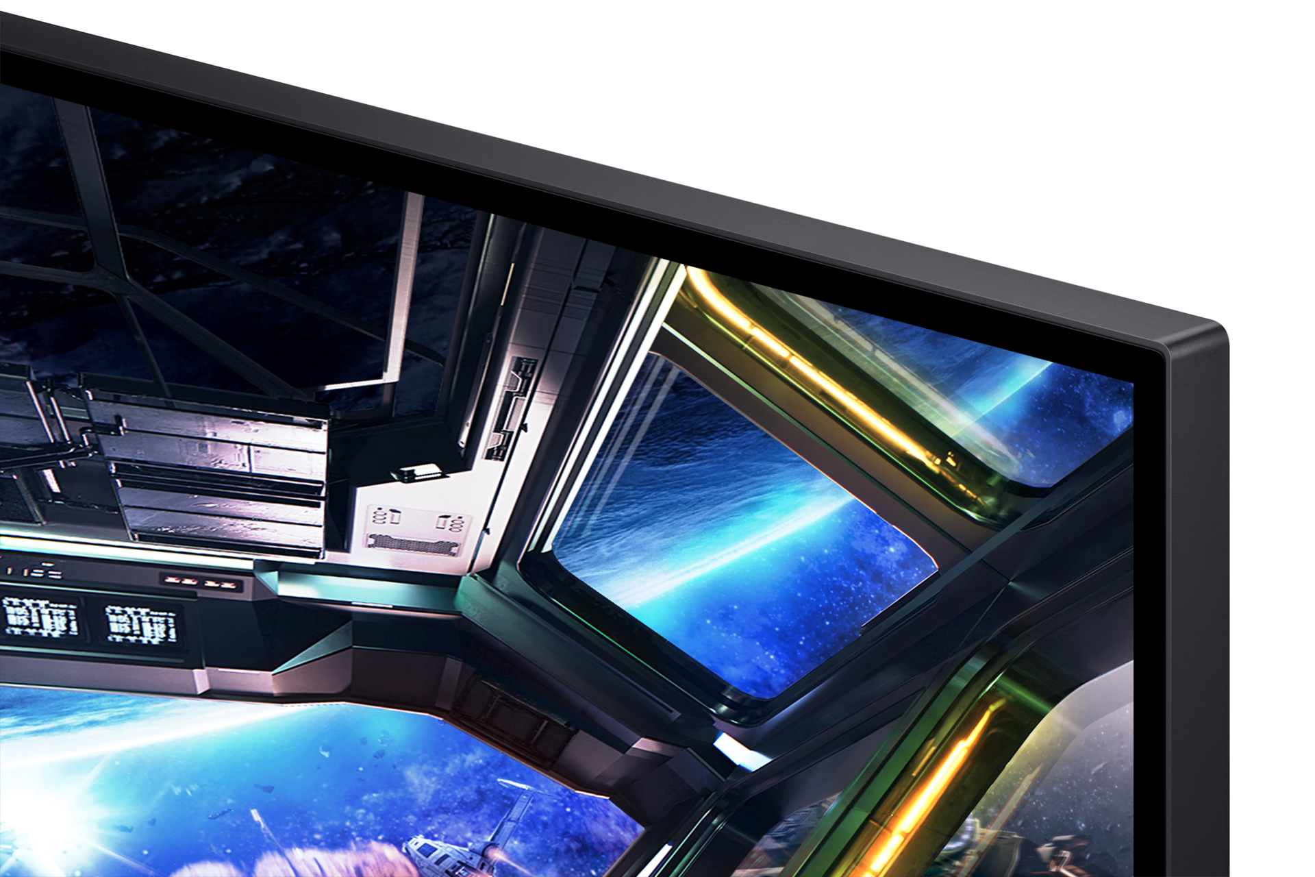 Widok kokpitu statku kosmicznego na błękitną planetę i gwiazdy.