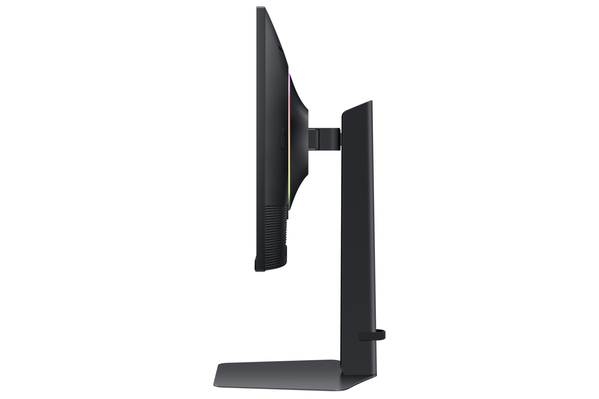 Czarny monitor komputerowy z oświetleniem RGB na stojaku.