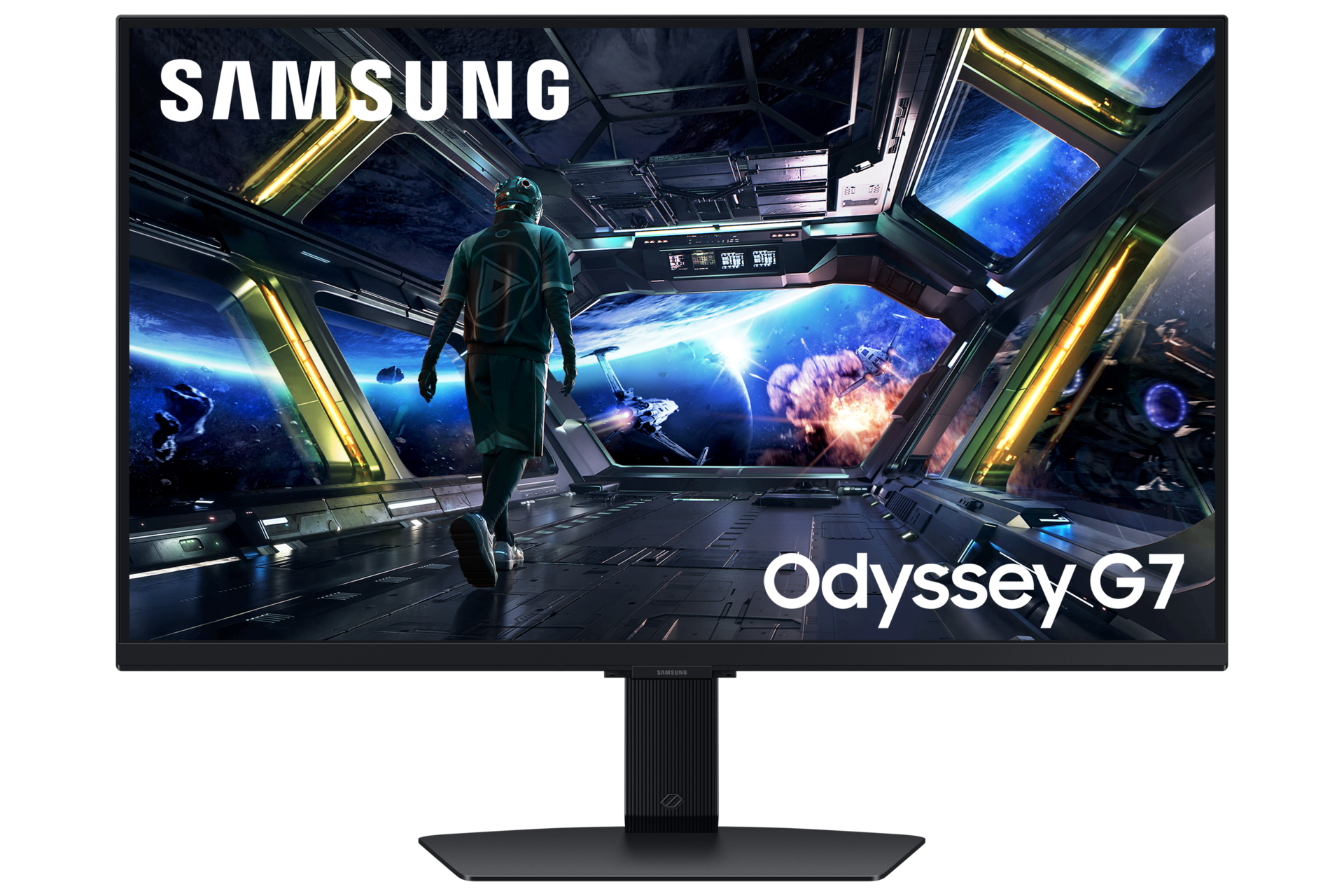 Monitor wyświetla futurystyczną stację kosmiczną z astronautą.