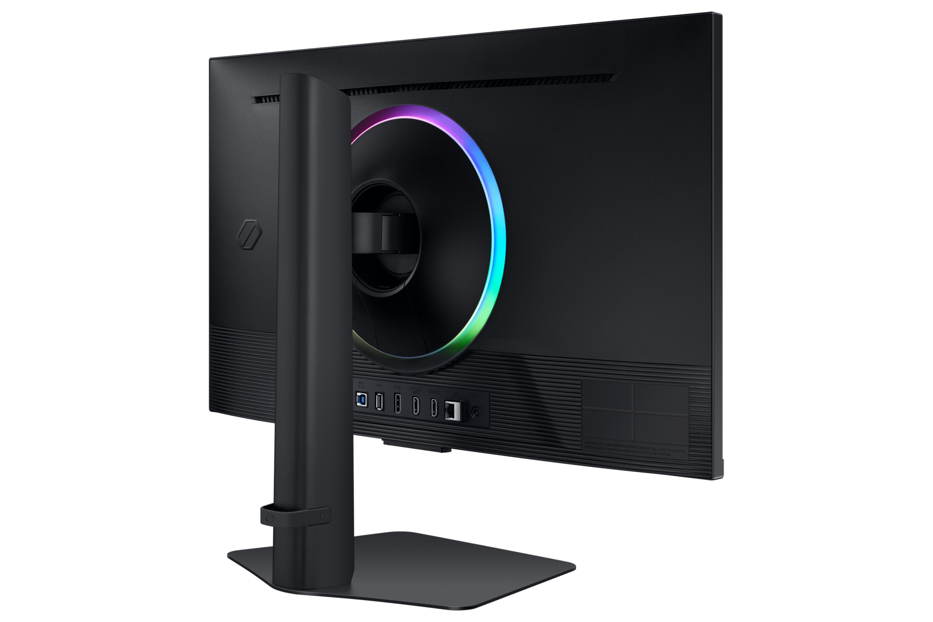 Tył czarnego monitora z podświetleniem RGB i portami.