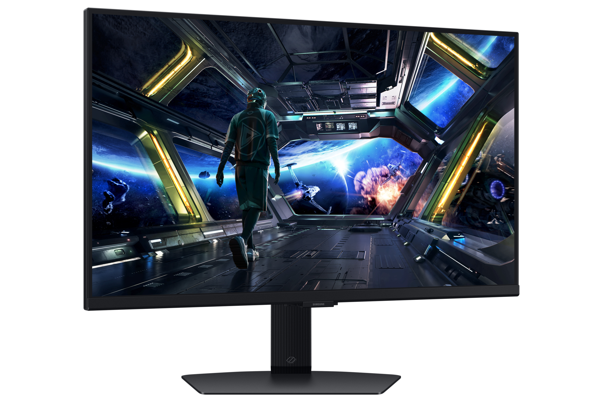 Astronauta idzie korytarzem futurystycznego statku kosmicznego z widokiem na kosmos i eksplozje.