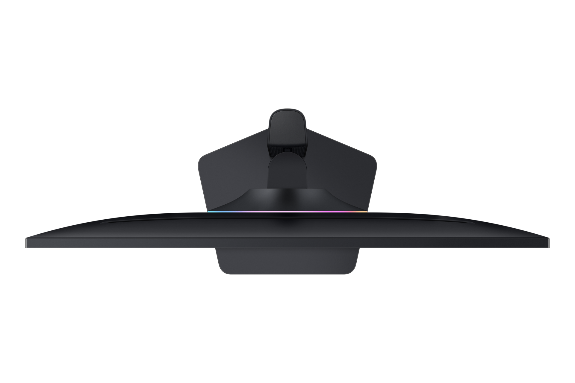 Widok z góry czarnego monitora z oświetleniem RGB na stojaku.