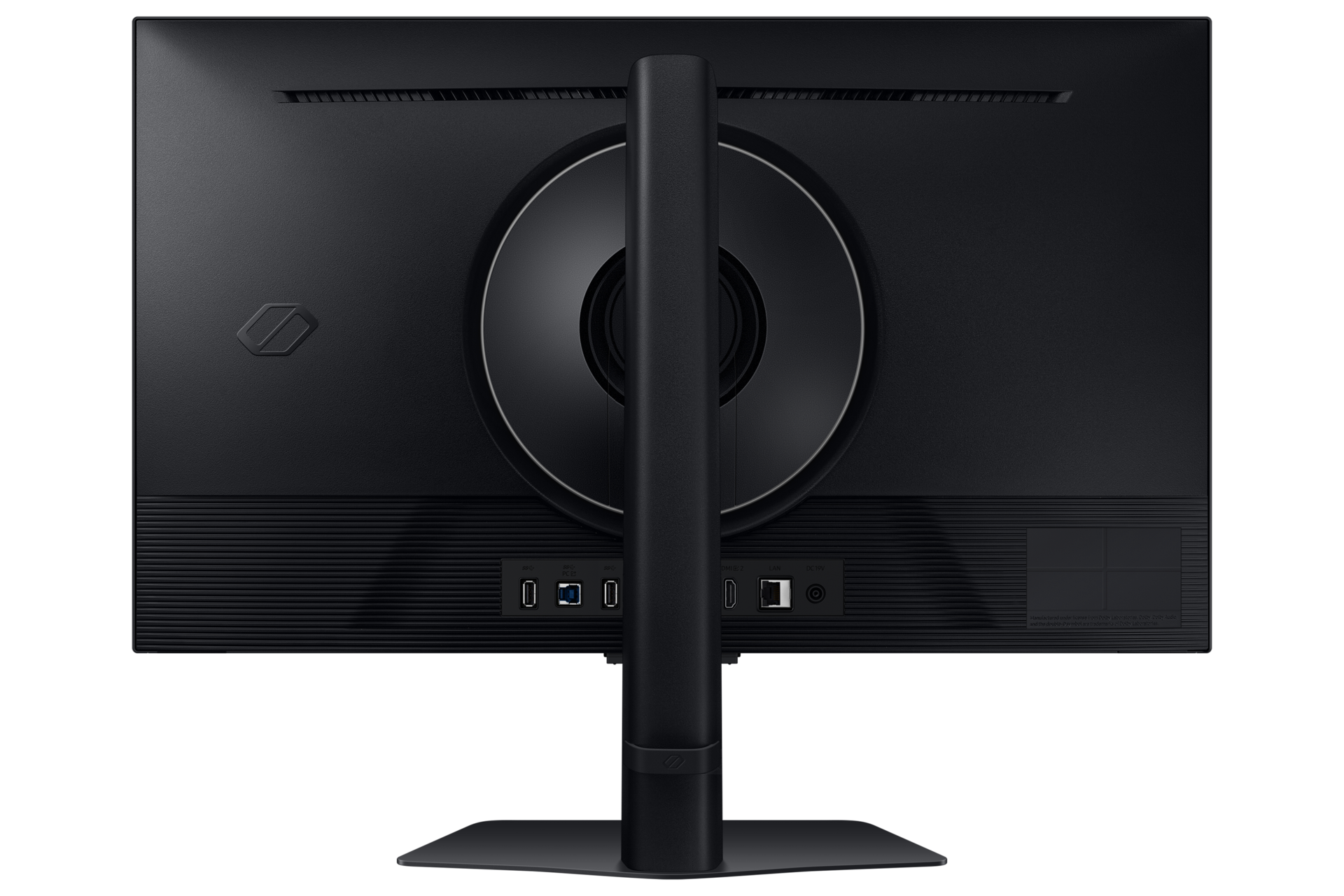 Tył czarnego monitora z portami takimi jak USB-C, HDMI i LAN.