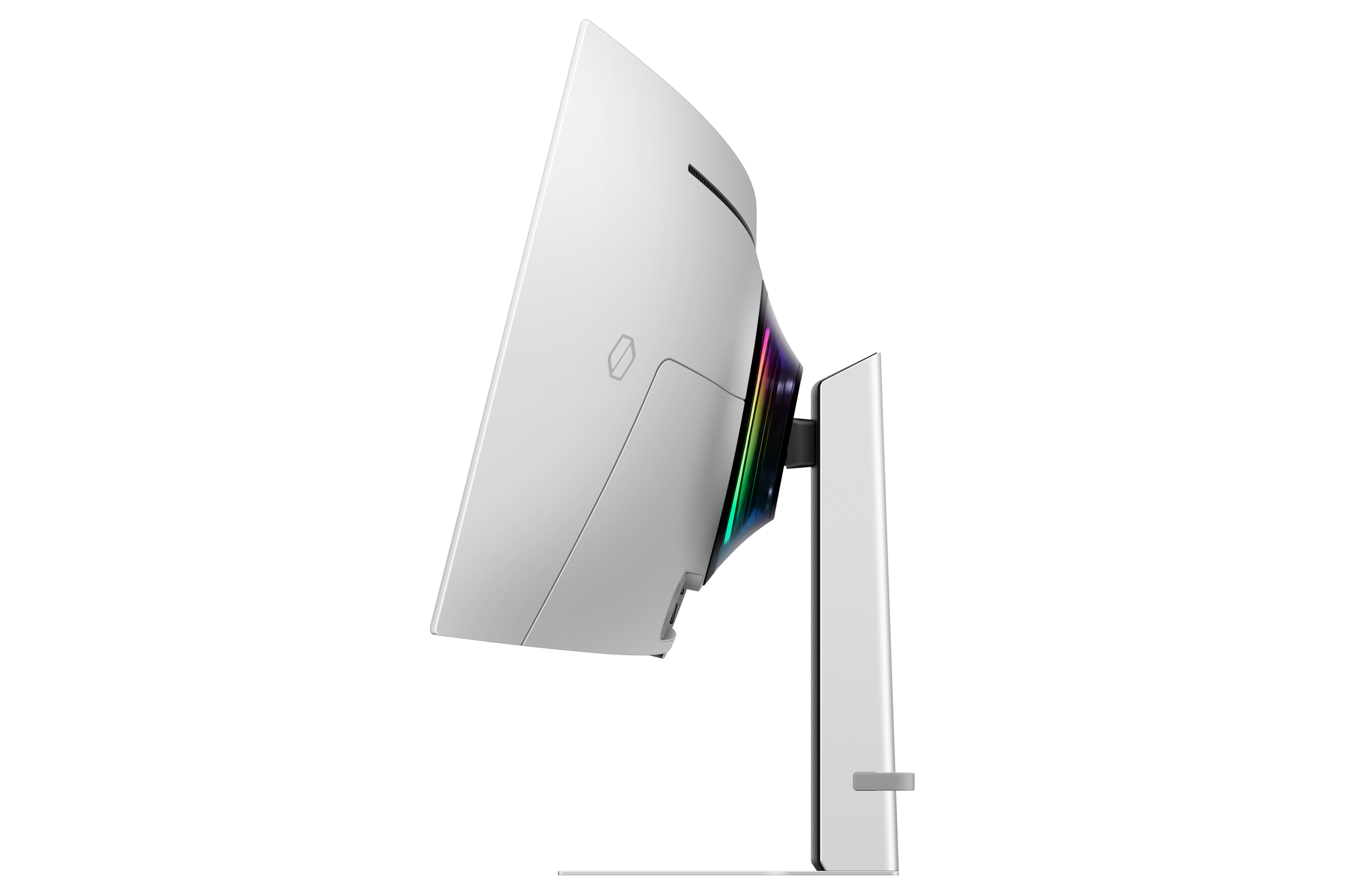 Biały tył monitora z oświetleniem RGB na czarnym tle.