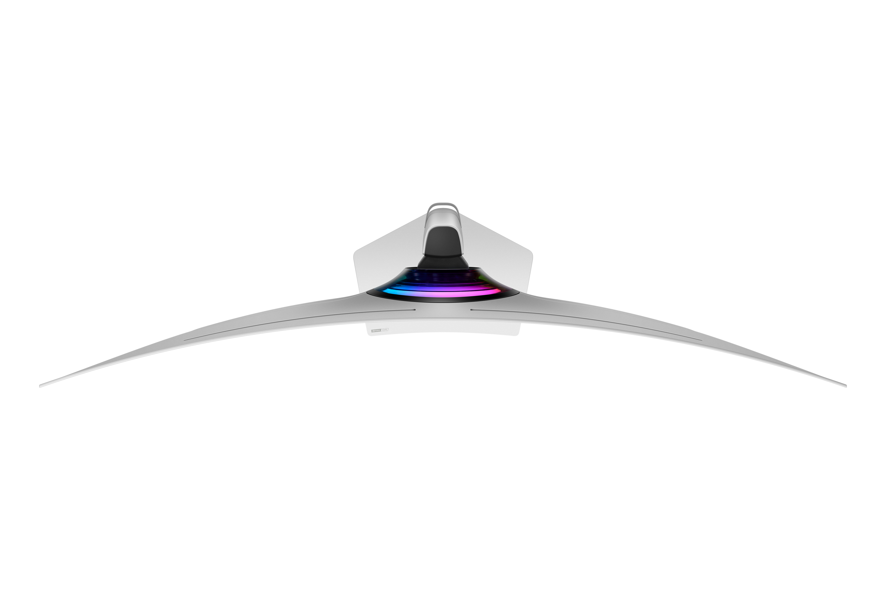 Nowoczesny biały stojak na monitor z zakrzywionymi ramionami i oświetleniem RGB.