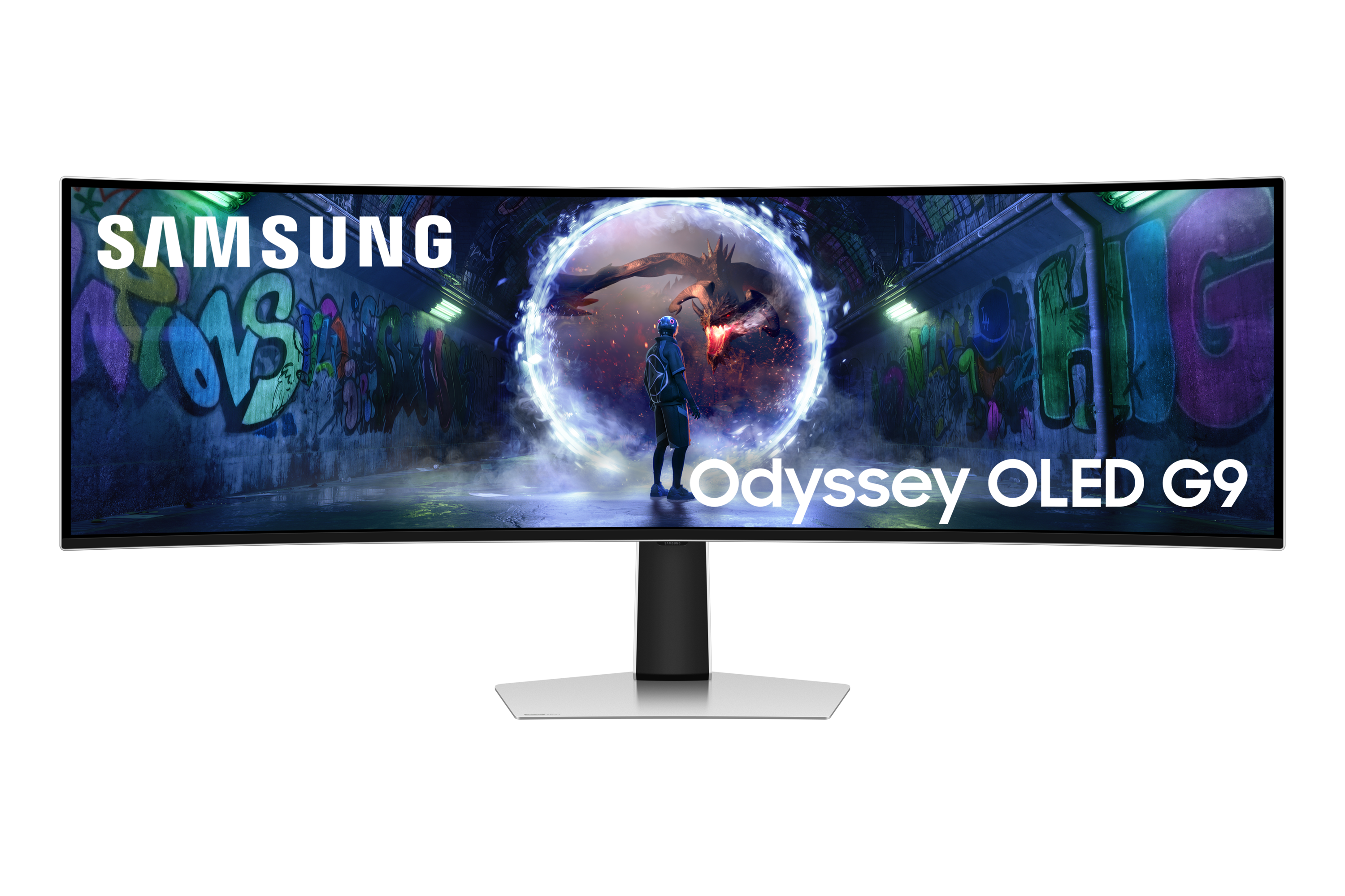 Mężczyzna staje twarzą w twarz z smokiem w portalu przed ścianą z graffiti.