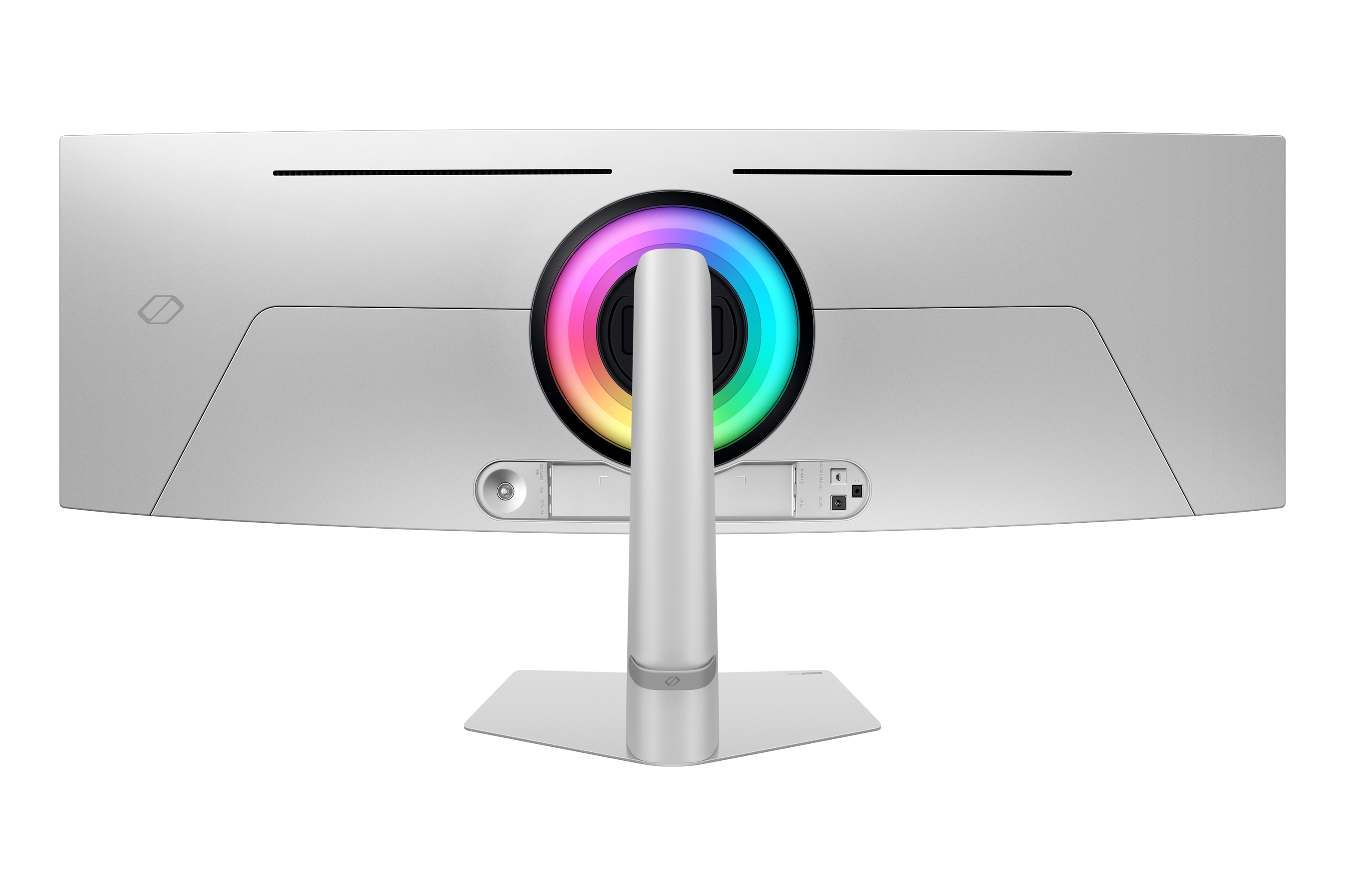 Tył białego monitora z podświetleniem RGB, srebrnym stojakiem i portami.