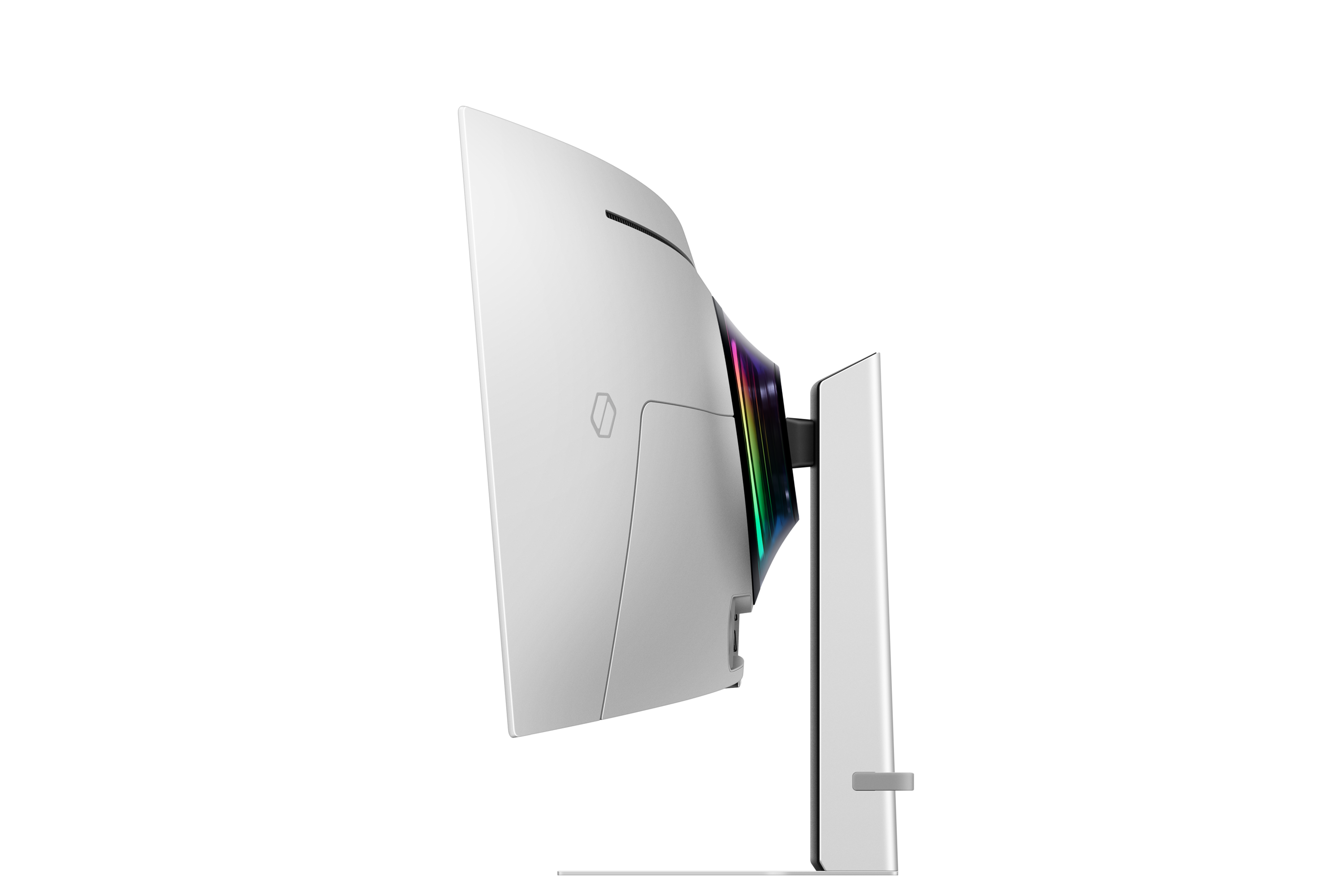 Biały zakrzywiony monitor z oświetleniem RGB na stojaku.