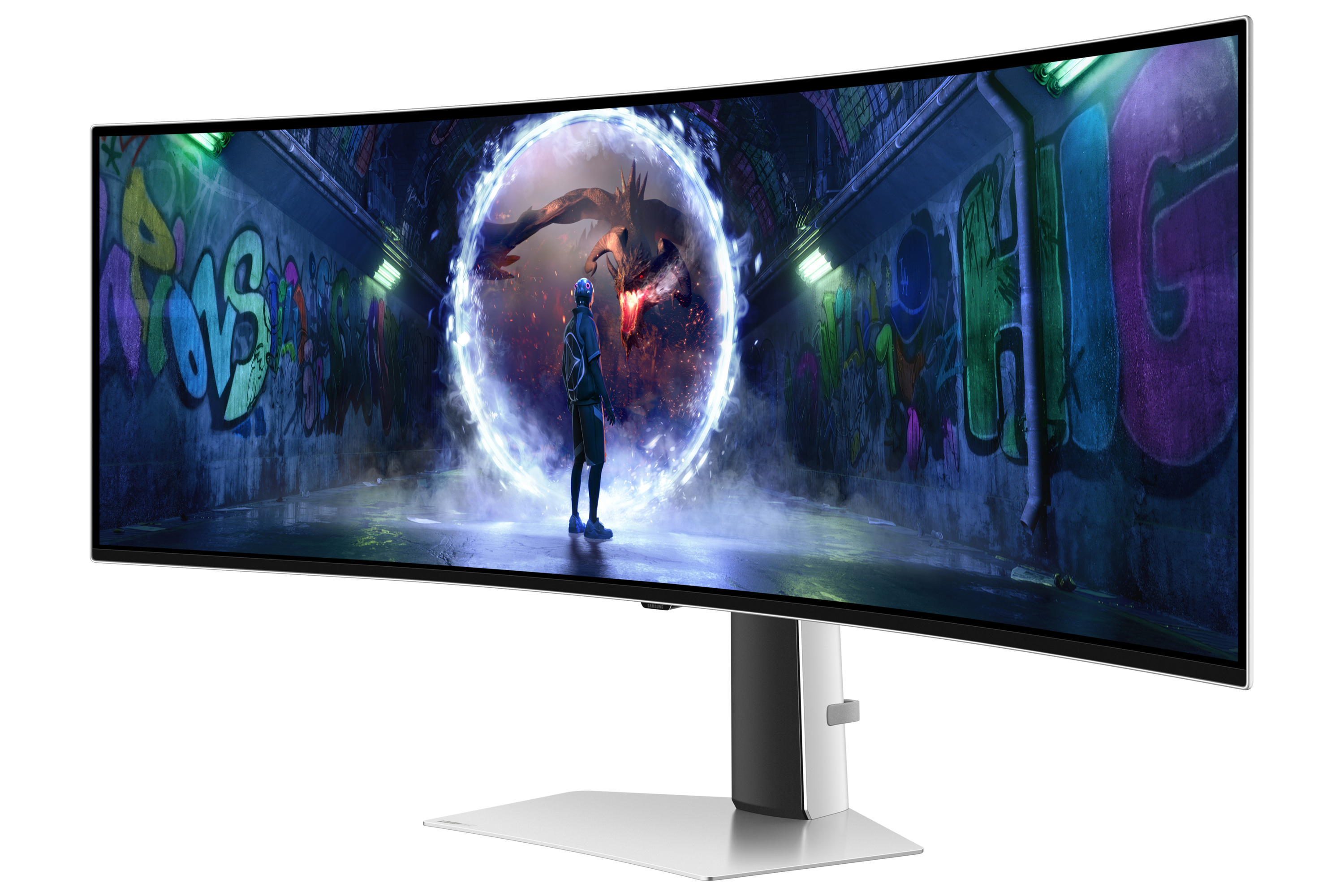 Mężczyzna patrzy na smoka w świecącym portalu w zaułku z graffiti.