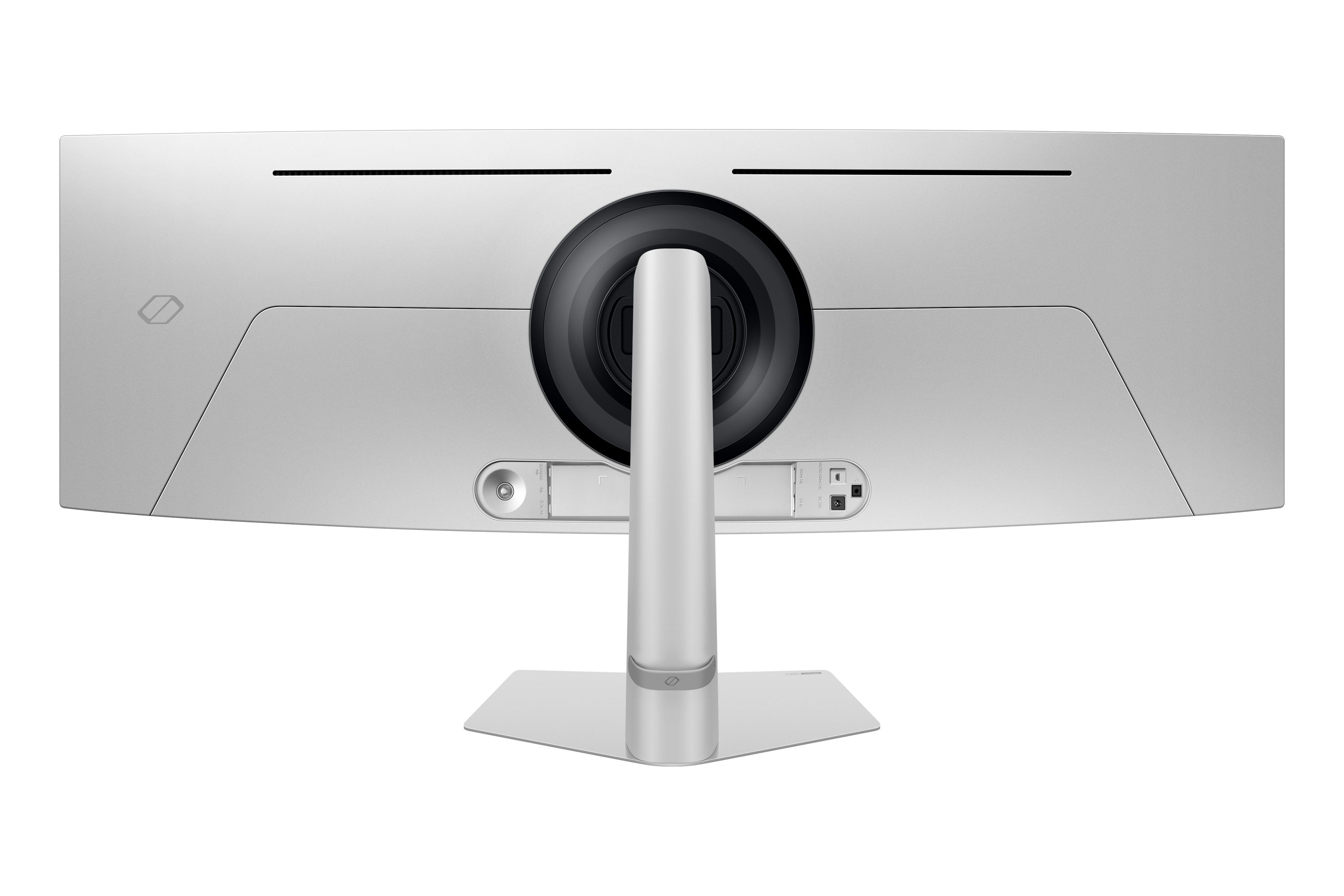 Tył srebrnego monitora ze stojakiem i portami na czarnym tle.