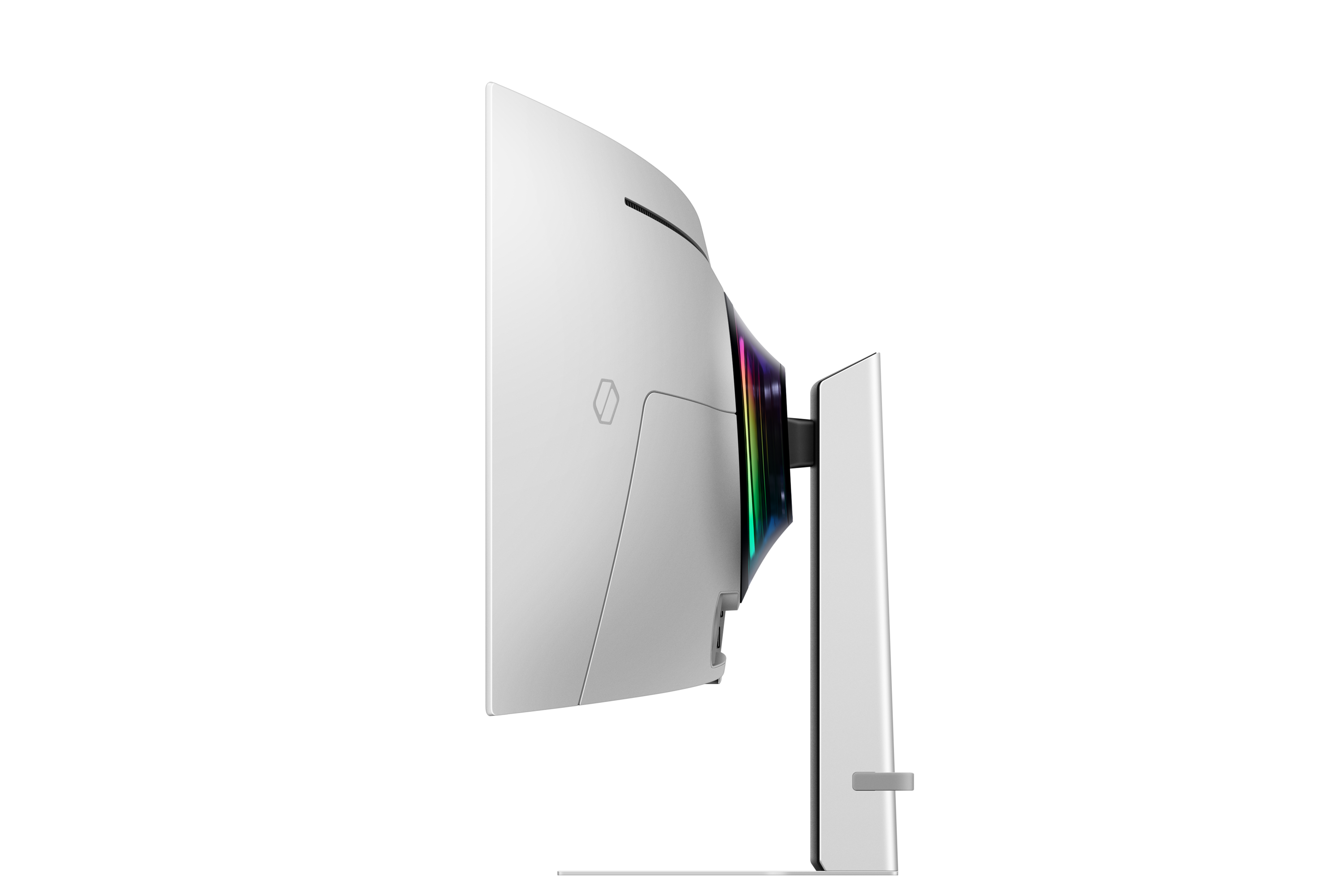 Biały tył monitora z oświetleniem RGB i srebrną podstawą.