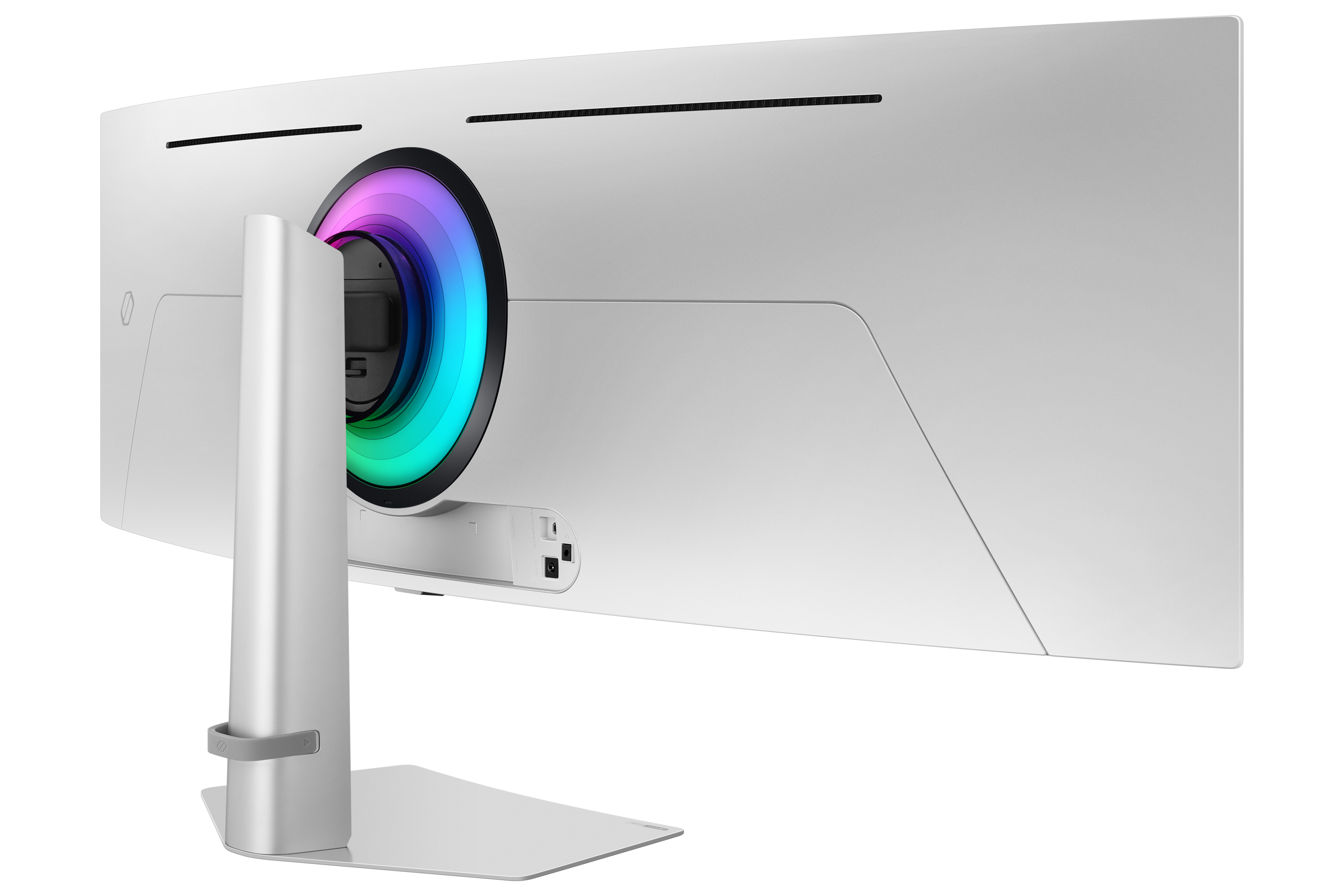 Biały tył monitora z podświetleniem RGB i srebrnym stojakiem.