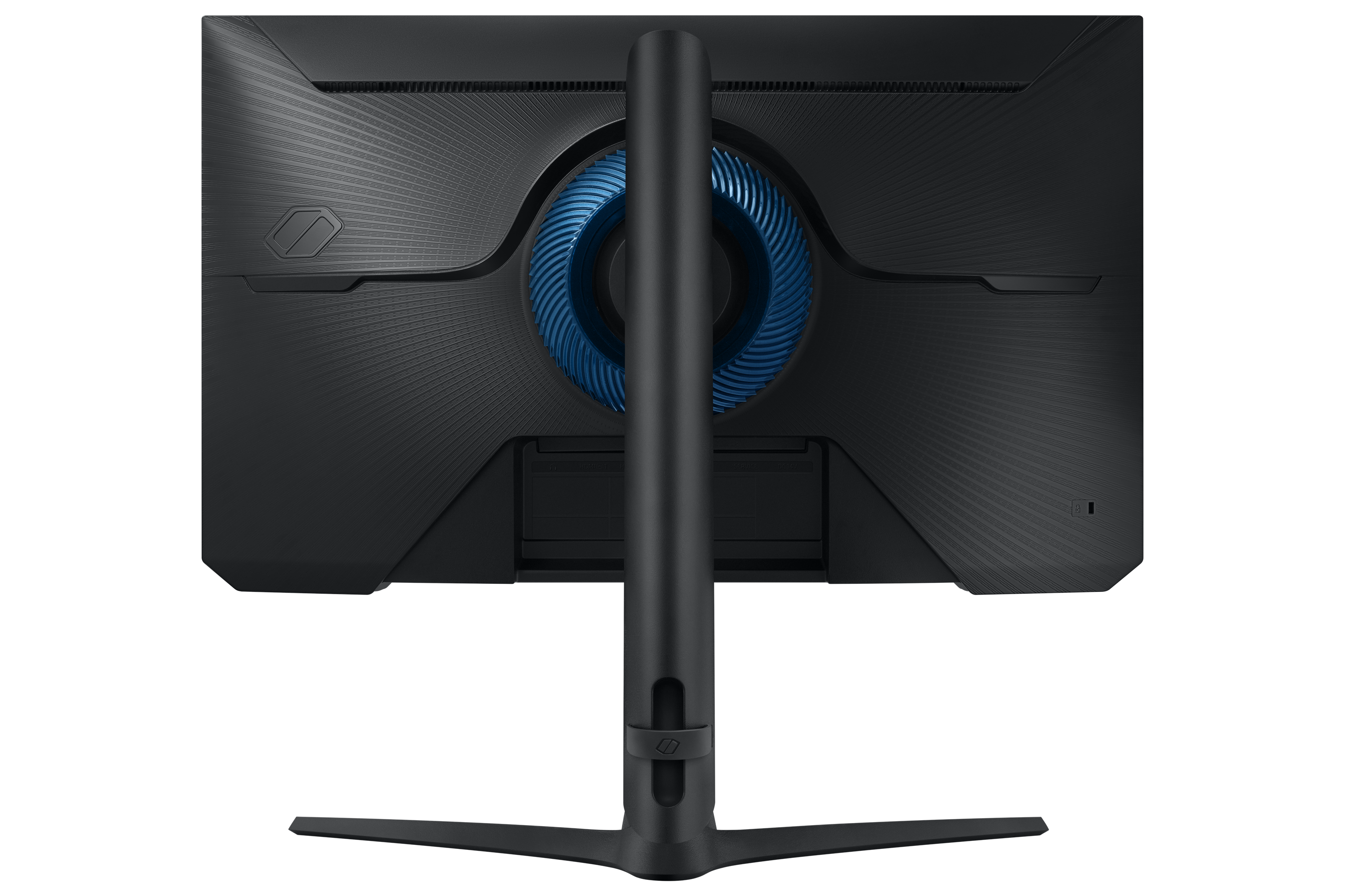 Tył czarnego monitora z niebieskim pierścieniem wentylatora i podstawką.