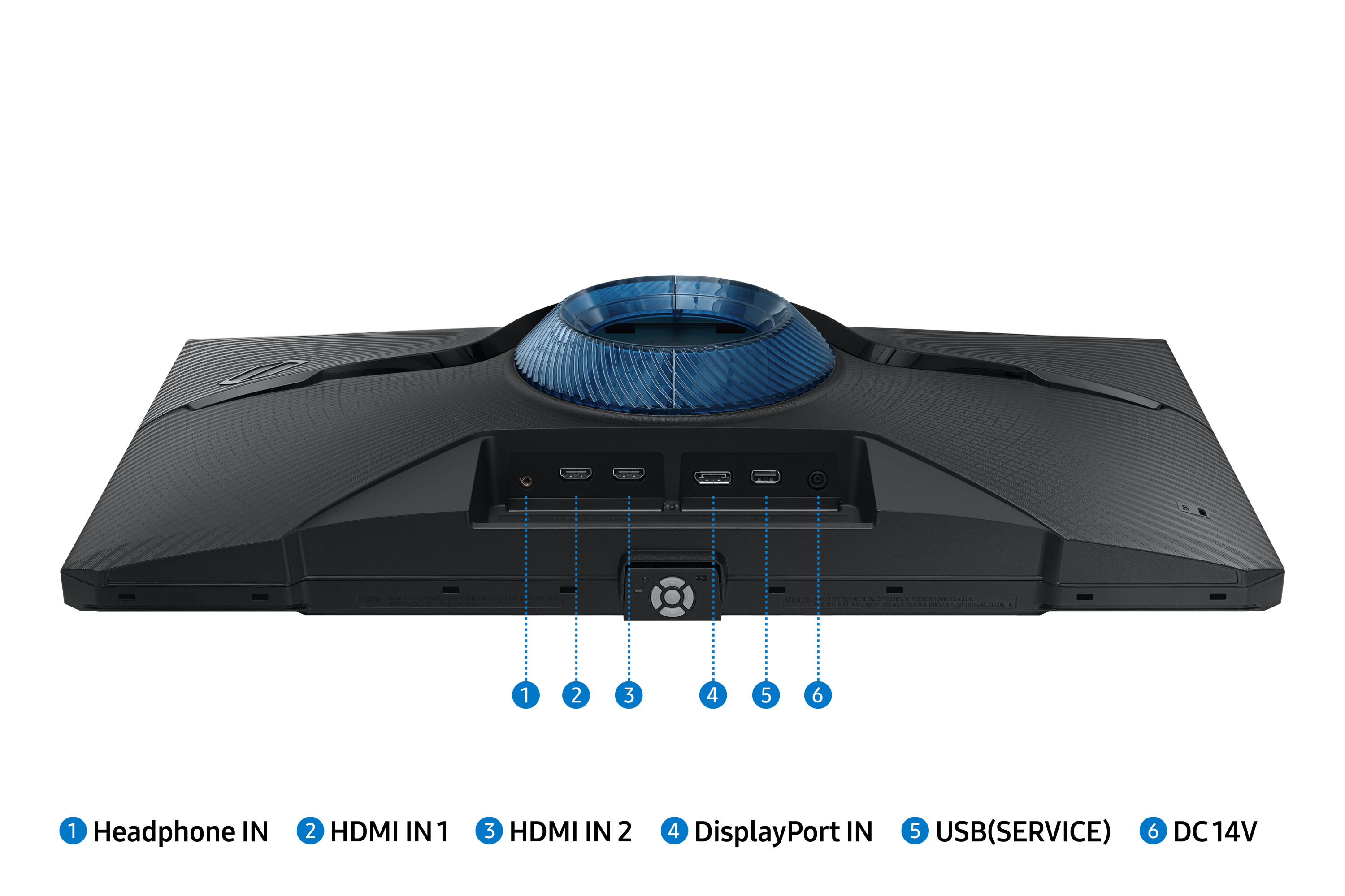 Tył monitora z portami: HDMI, USB-C, zasilanie i sterowanie joystickiem.