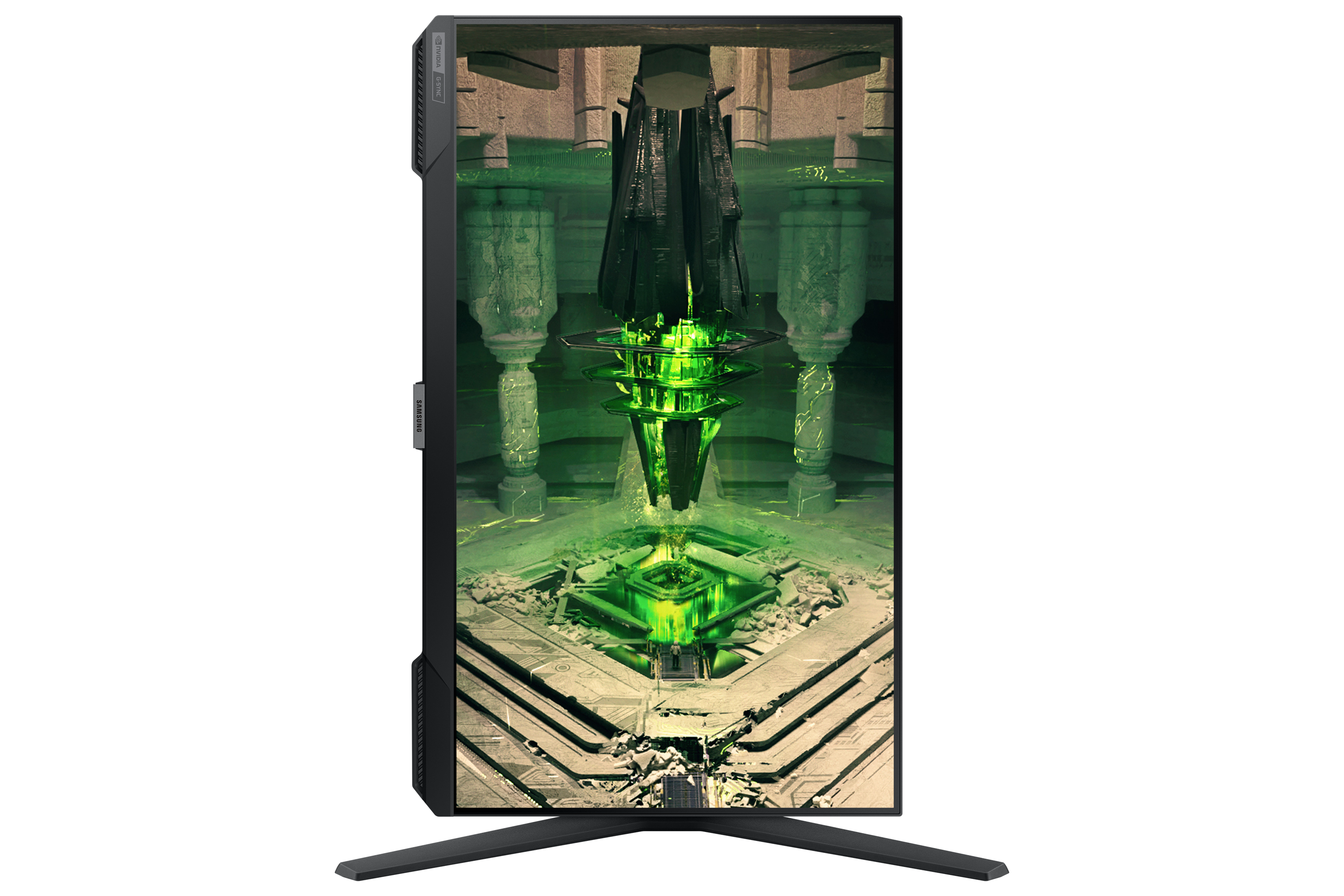 Futurystyczny, świecący na zielono obiekt w kamiennym, zniszczonym otoczeniu.