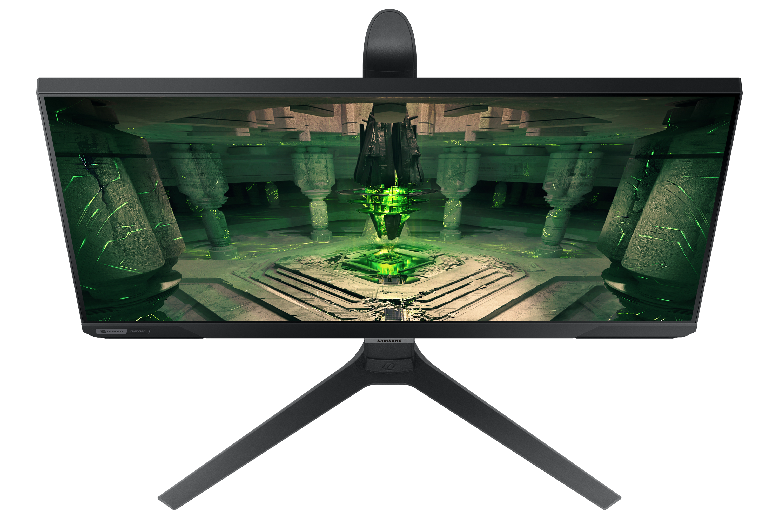 Monitor gamingowy wyświetla futurystyczną, zieloną scenerię podwodną z filarami i centralnym obiektem.