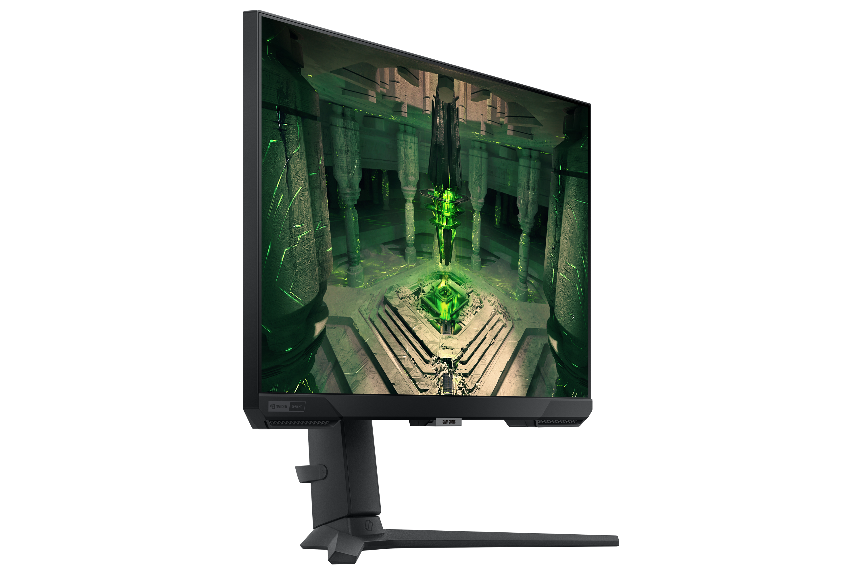 Monitor wyświetla ciemną, futurystyczną komnatę z zielonymi światłami.