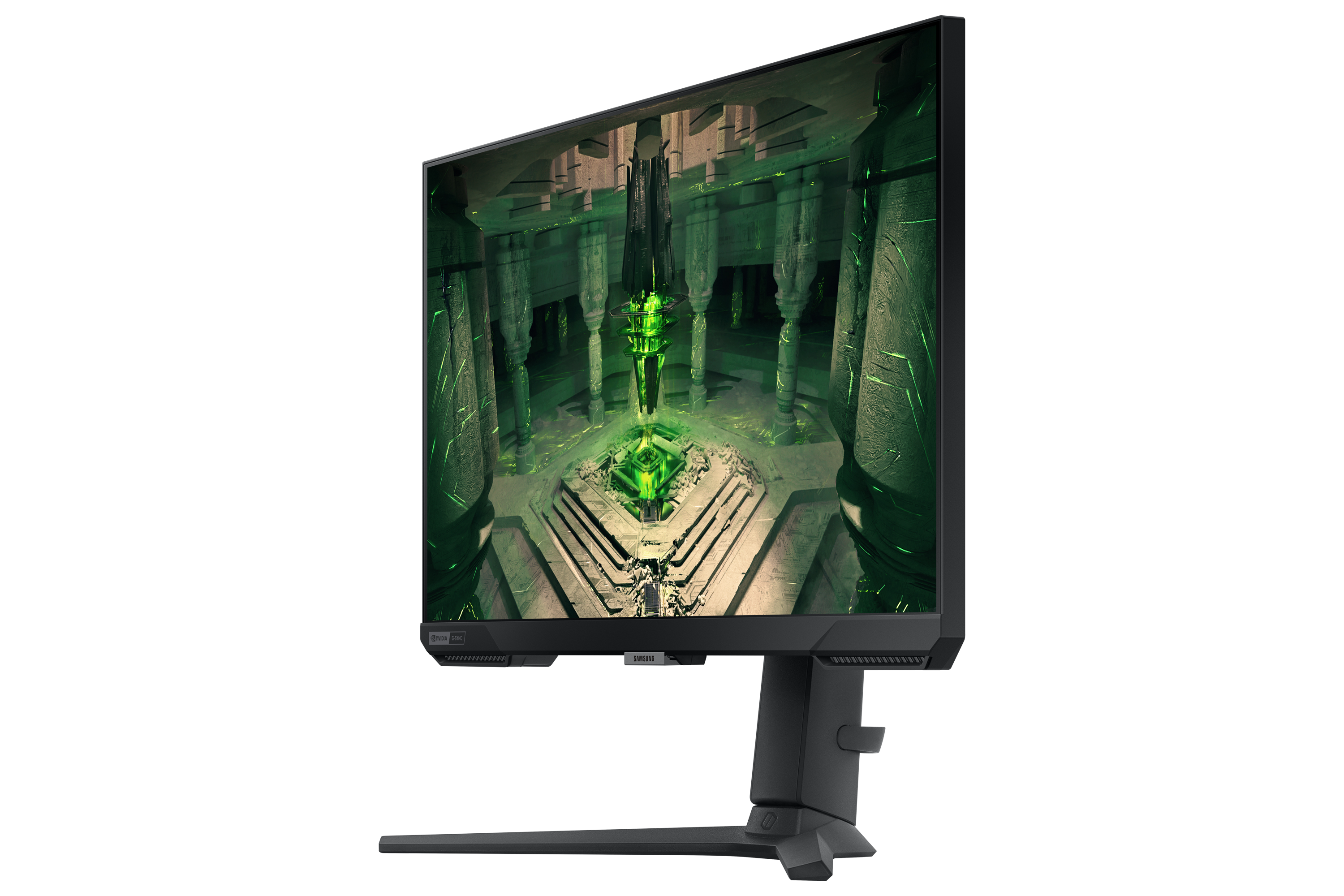 Monitor wyświetla zieloną, futurystyczną scenę z filarami i świecącym obiektem.