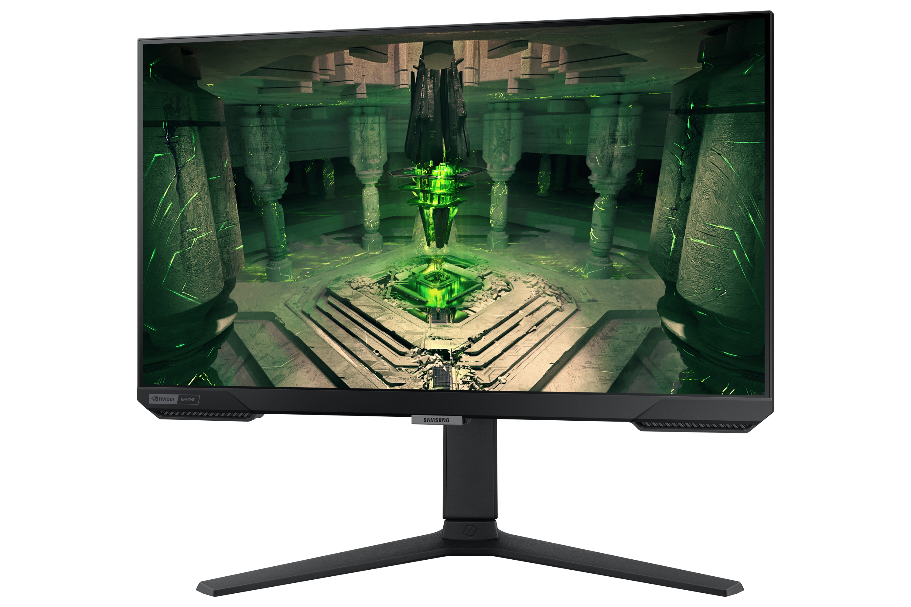 Futurystyczny monitor wyświetla zieloną, neonową scenę science-fiction z filarami.