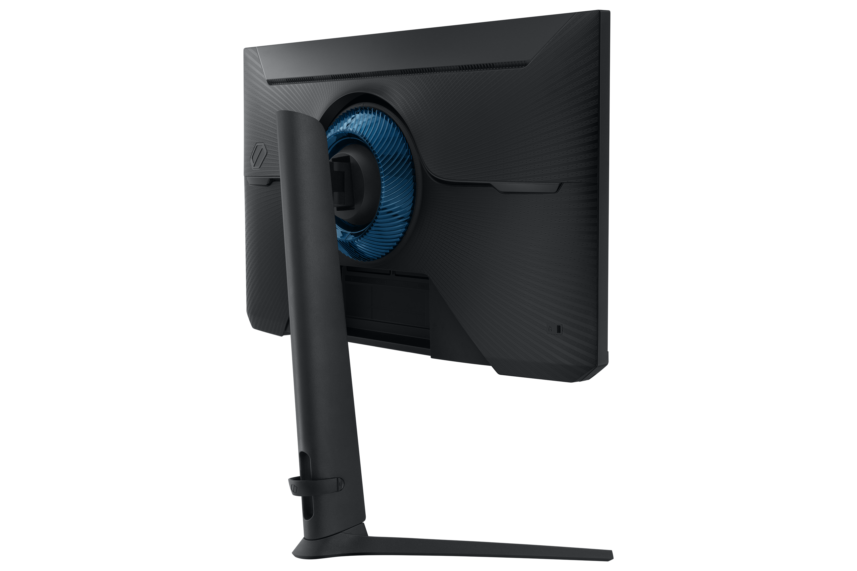 Widok z tyłu czarnego monitora z niebieskim wentylatorem w podstawie.