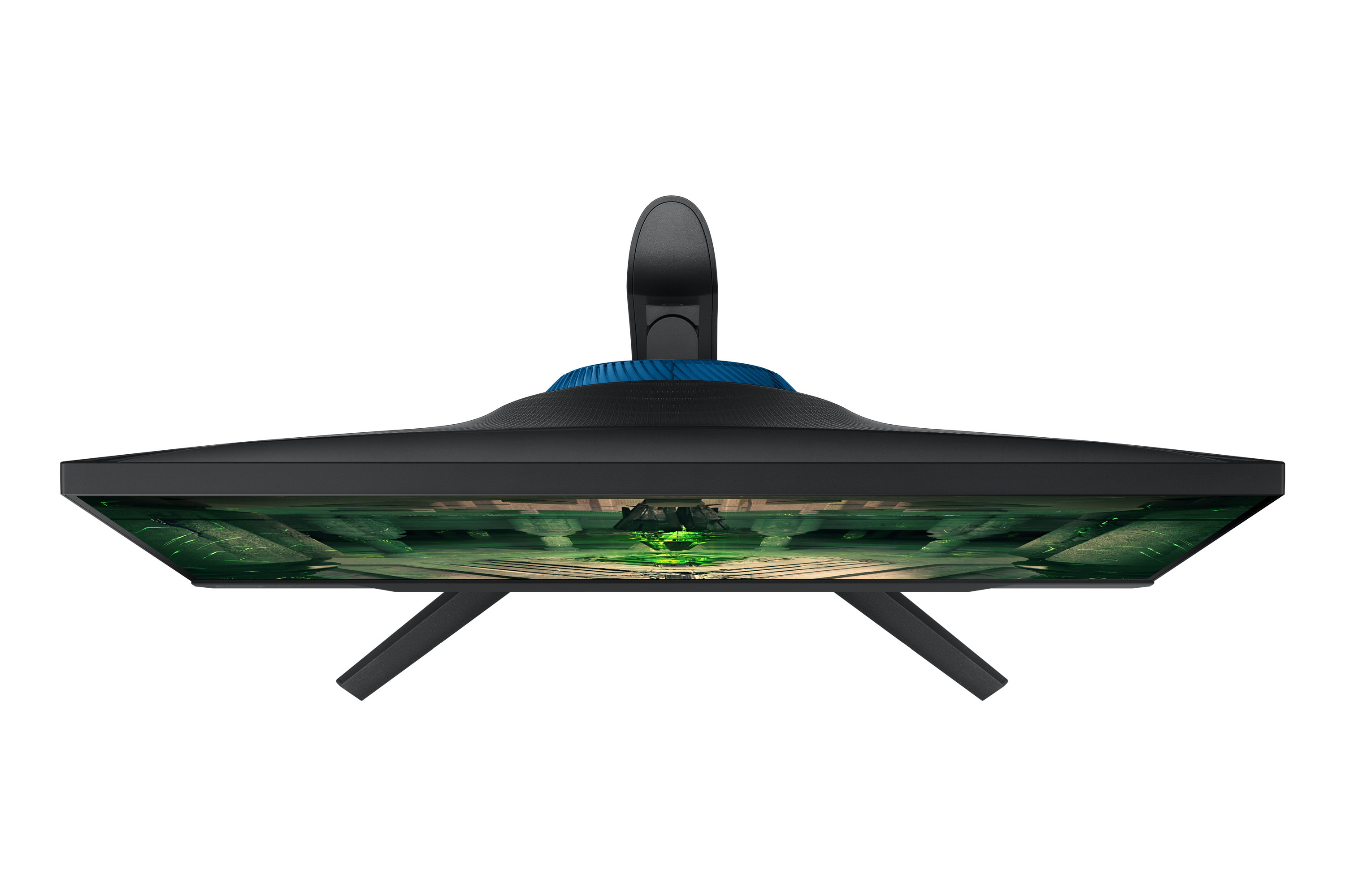 Czarny monitor z niebieskim pierścieniem, wyświetla zielony futurystyczny design.