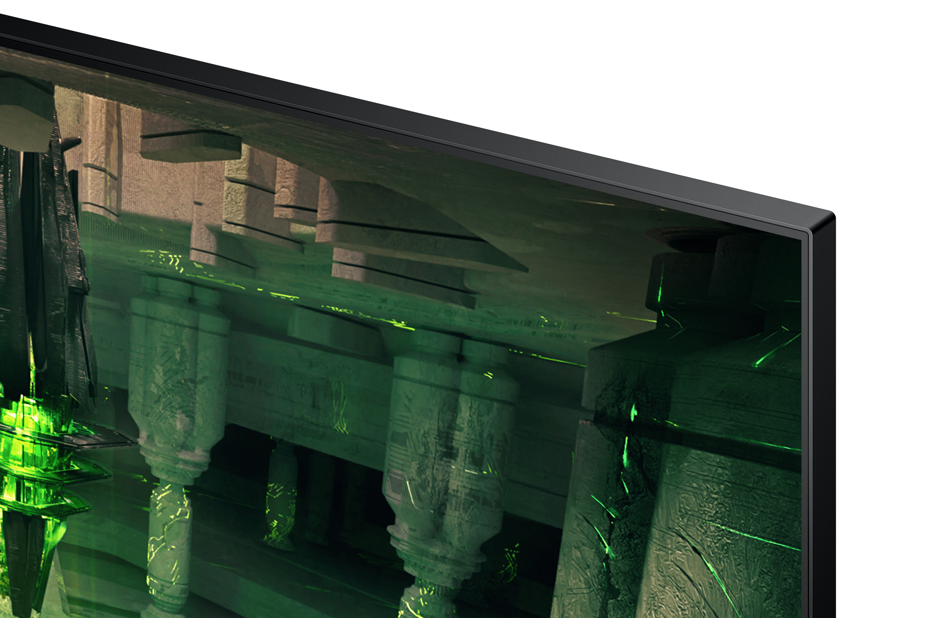 Zielone światła oświetlają futurystyczną kamienną architekturę z kolumnami.