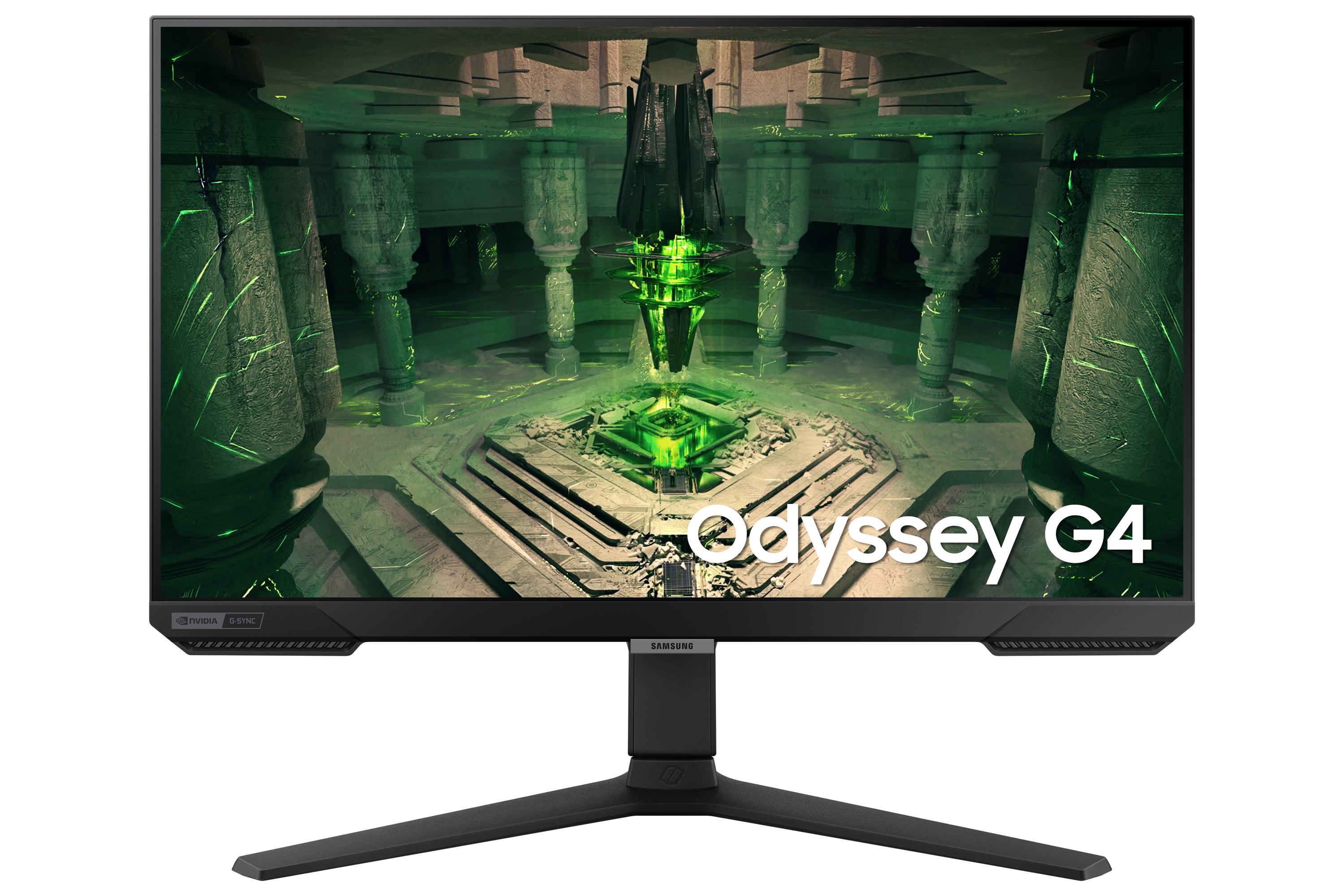 Monitor gamingowy wyświetla futurystyczną, zieloną podwodną scenę z filarami.