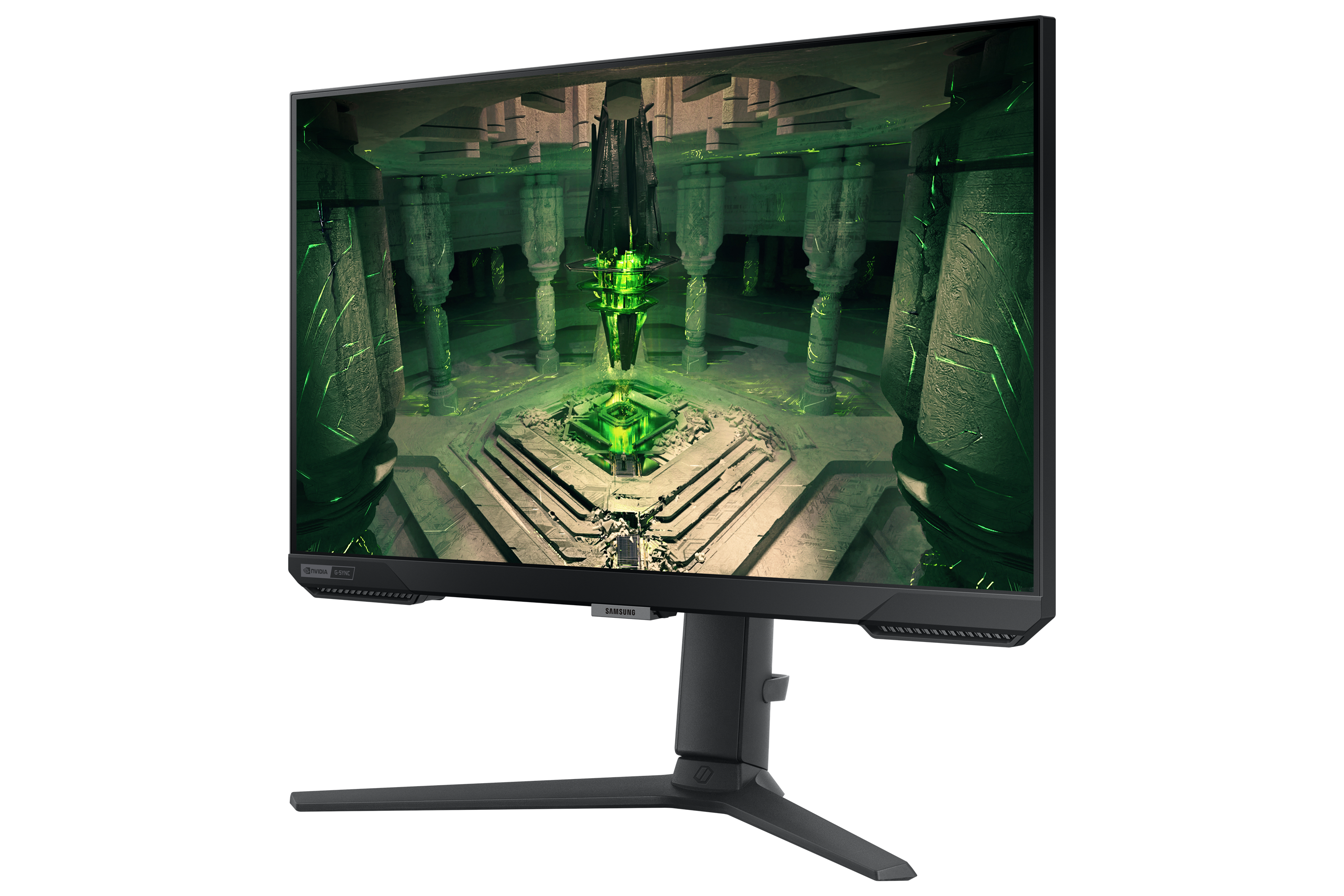 Futurystyczny monitor wyświetla scenę z zielonymi światłami i kolumnami.