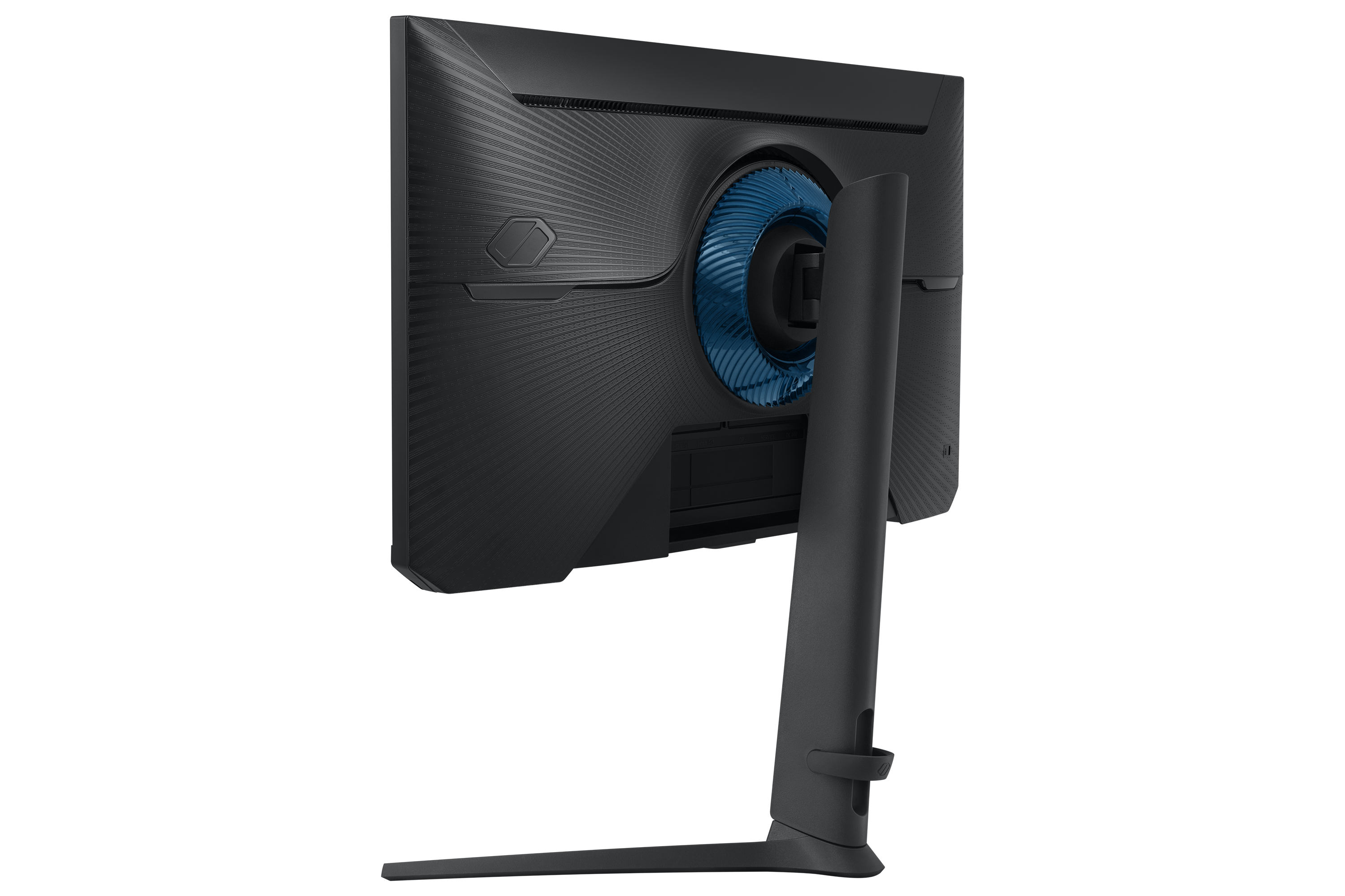 Tył czarnego monitora z niebieskim wentylatorem i ciemnym stojakiem.