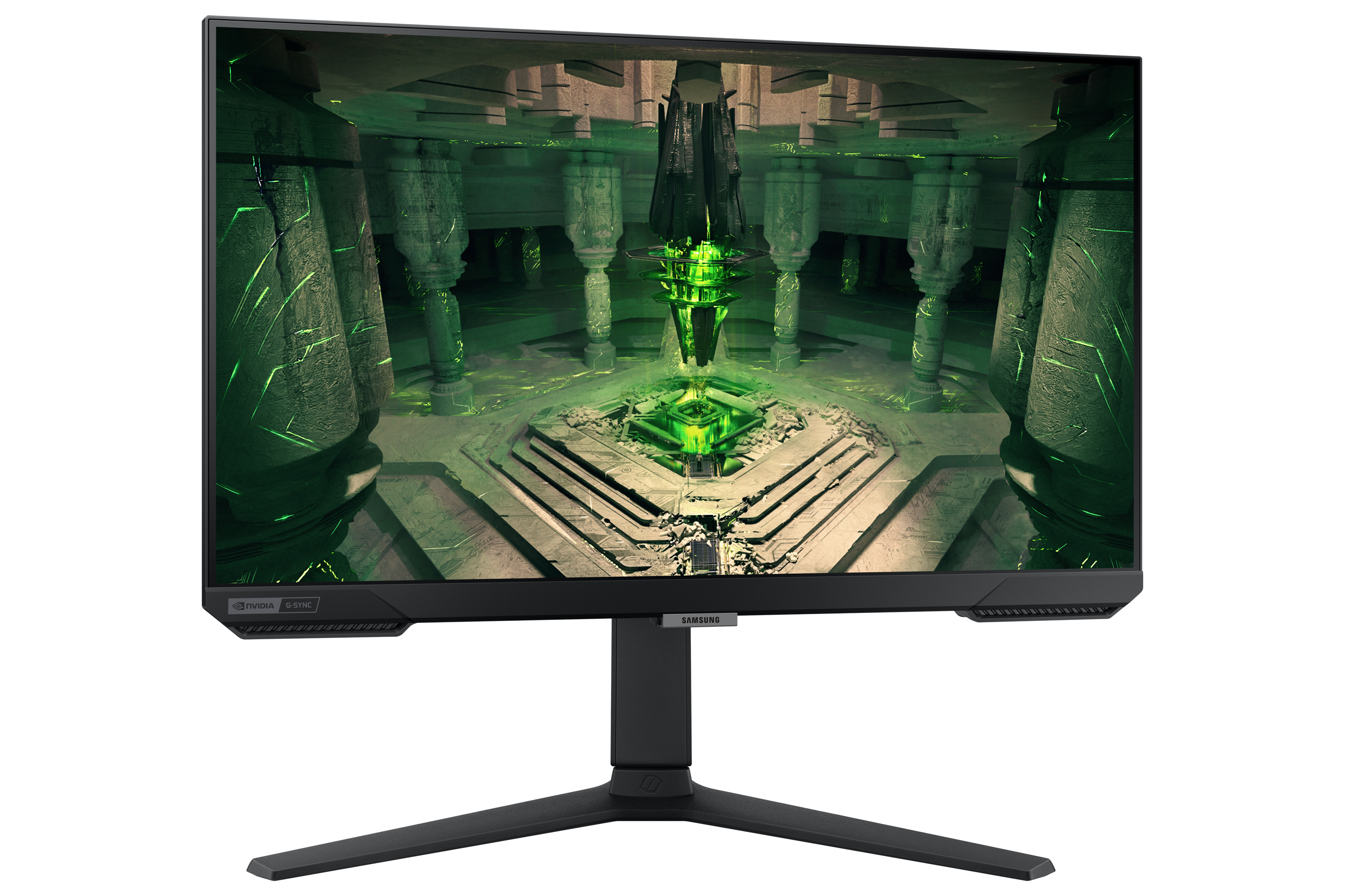 Futurystyczny monitor gamingowy wyświetla zieloną, świecącą obcą strukturę z kolumnami.