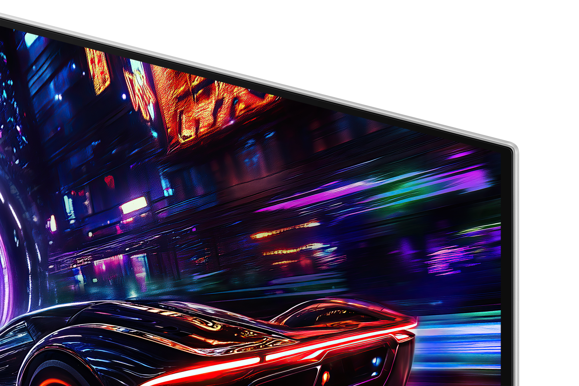 Futurystyczny samochód pędzi nocą przez miasto oświetlone neonami.