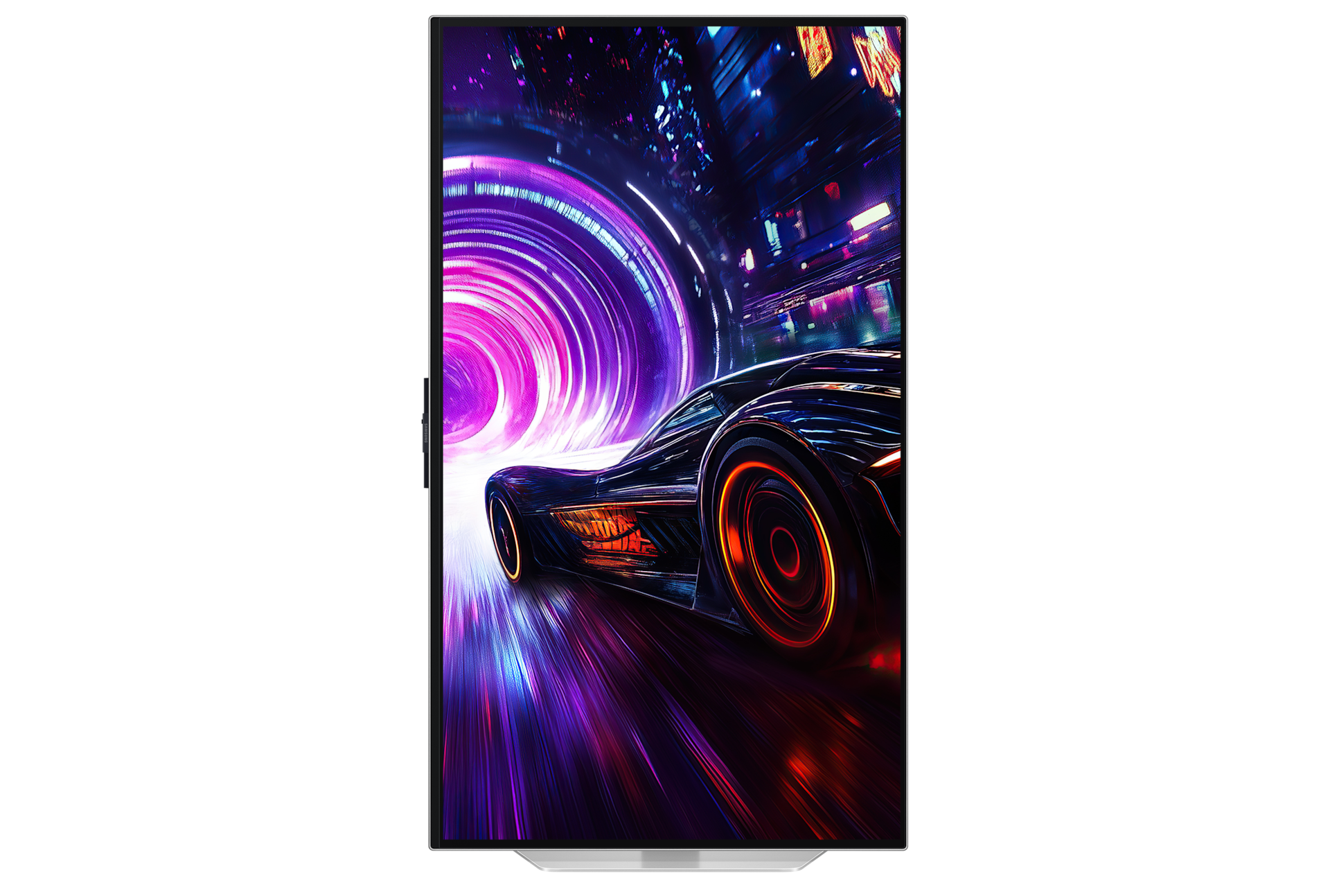 Futurystyczny samochód pędzi przez tunel oświetlony neonowym światłem.