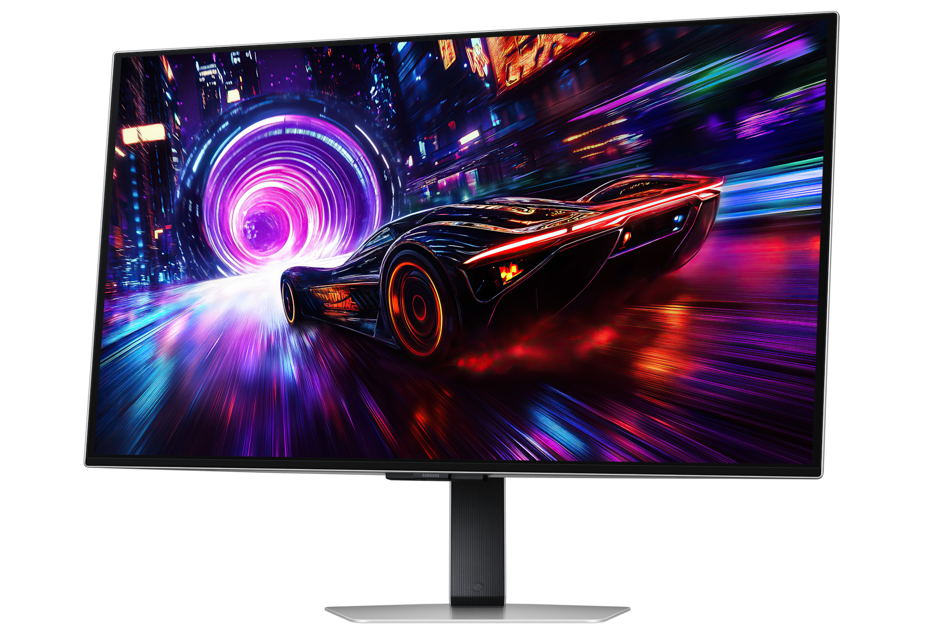 Futurystyczny czarny samochód ze świecącymi pomarańczowymi kołami pędzi przez neonowy tunel.