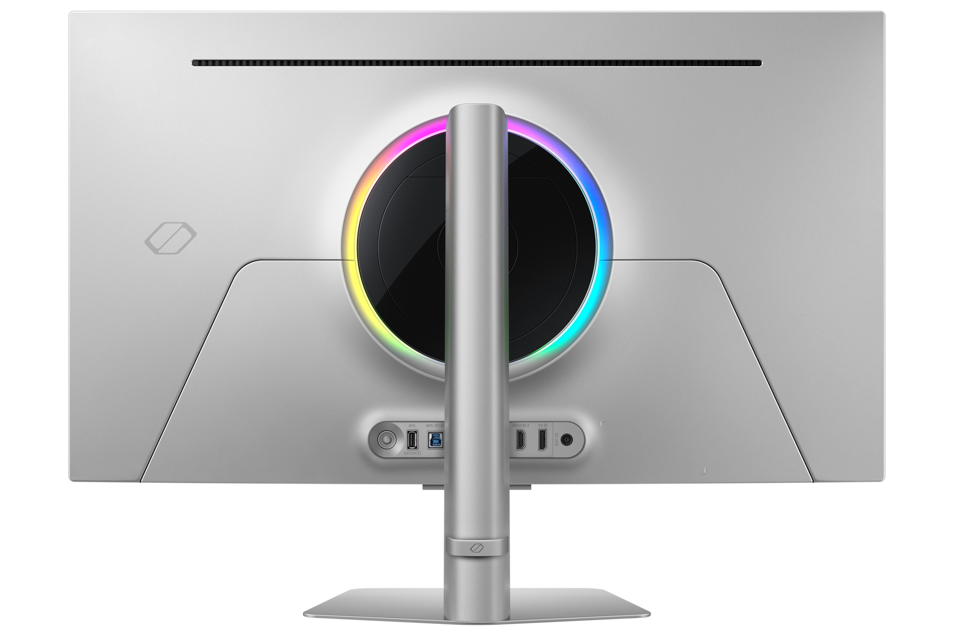 Tył srebrnego monitora z oświetleniem RGB i portami.