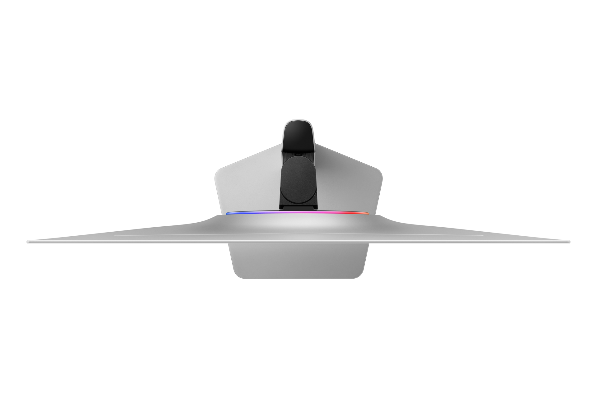 Srebrna mysz komputerowa z podświetleniem RGB u podstawy, widziana z góry.