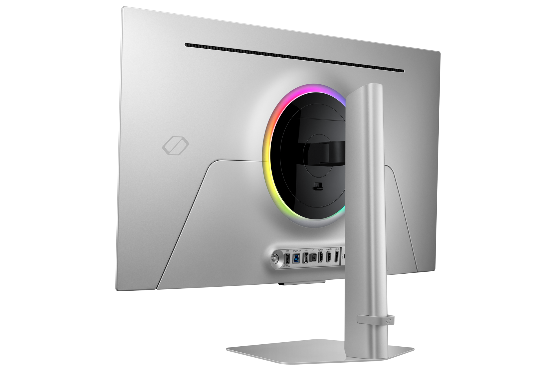 Tył srebrnego monitora z podświetleniem RGB, portami USB i podstawką.