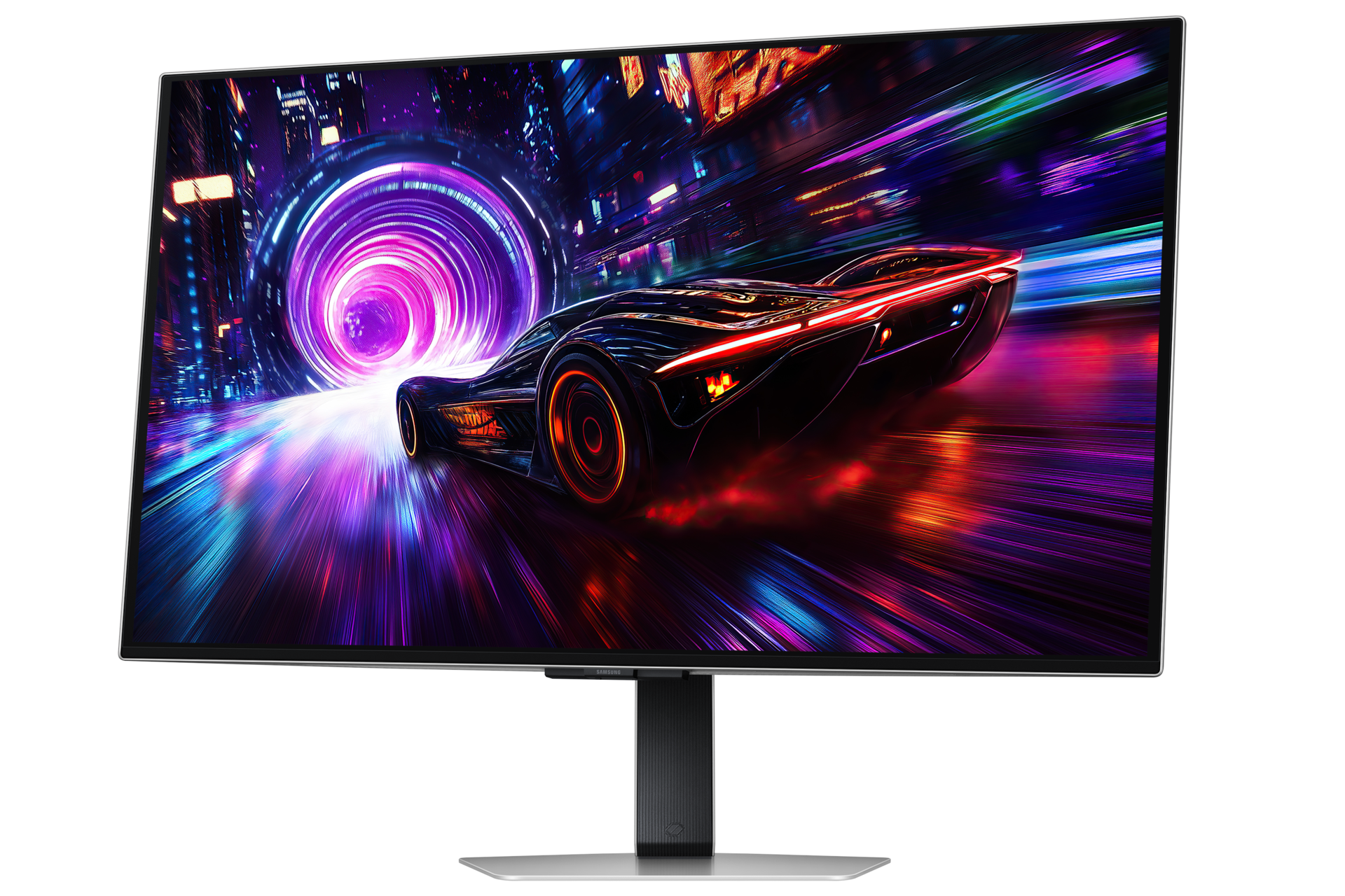 Futurystyczny samochód pędzi przez neonowe miasto z efektem tunelu.