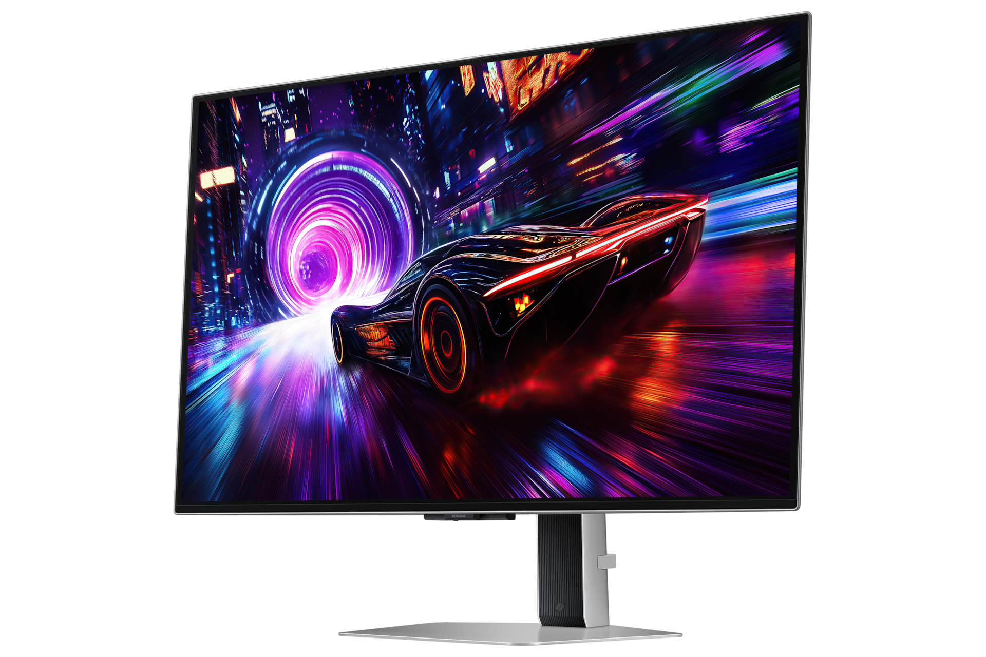 Futurystyczny samochód pędzi przez neonowe miasto ze smugami światła.