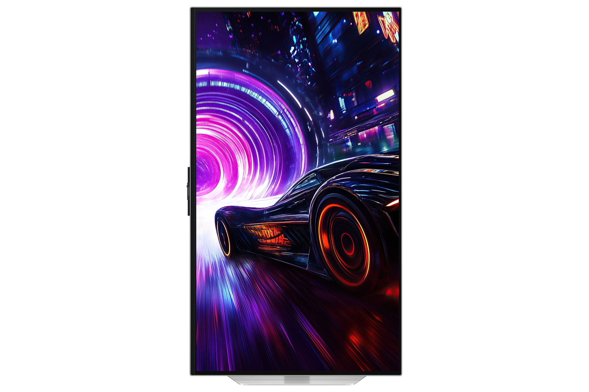 Futurystyczny samochód pędzi przez tunel drogowy oświetlony neonami.