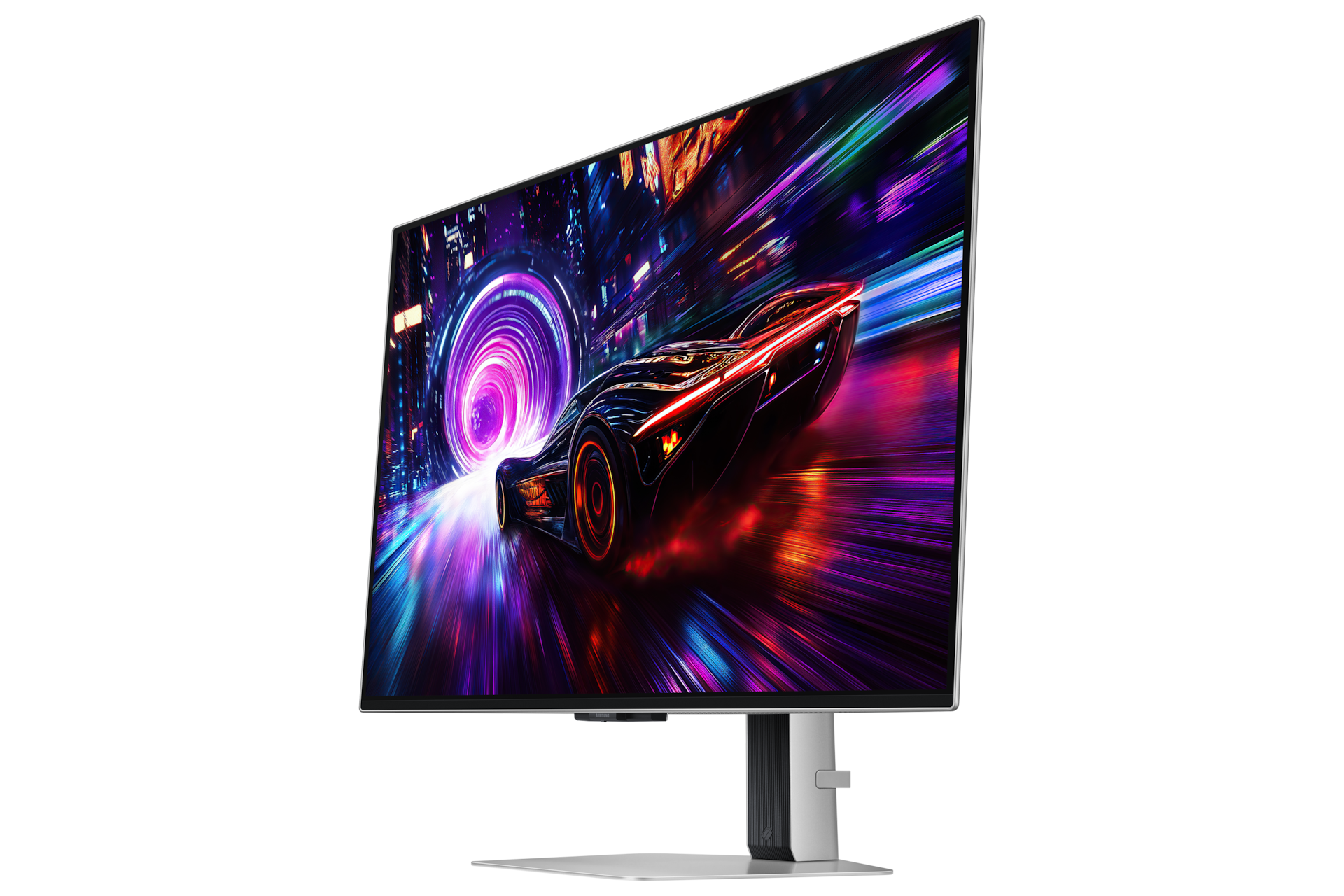 Futurystyczny samochód pędzi przez neonowe miasto ze smugami światła.