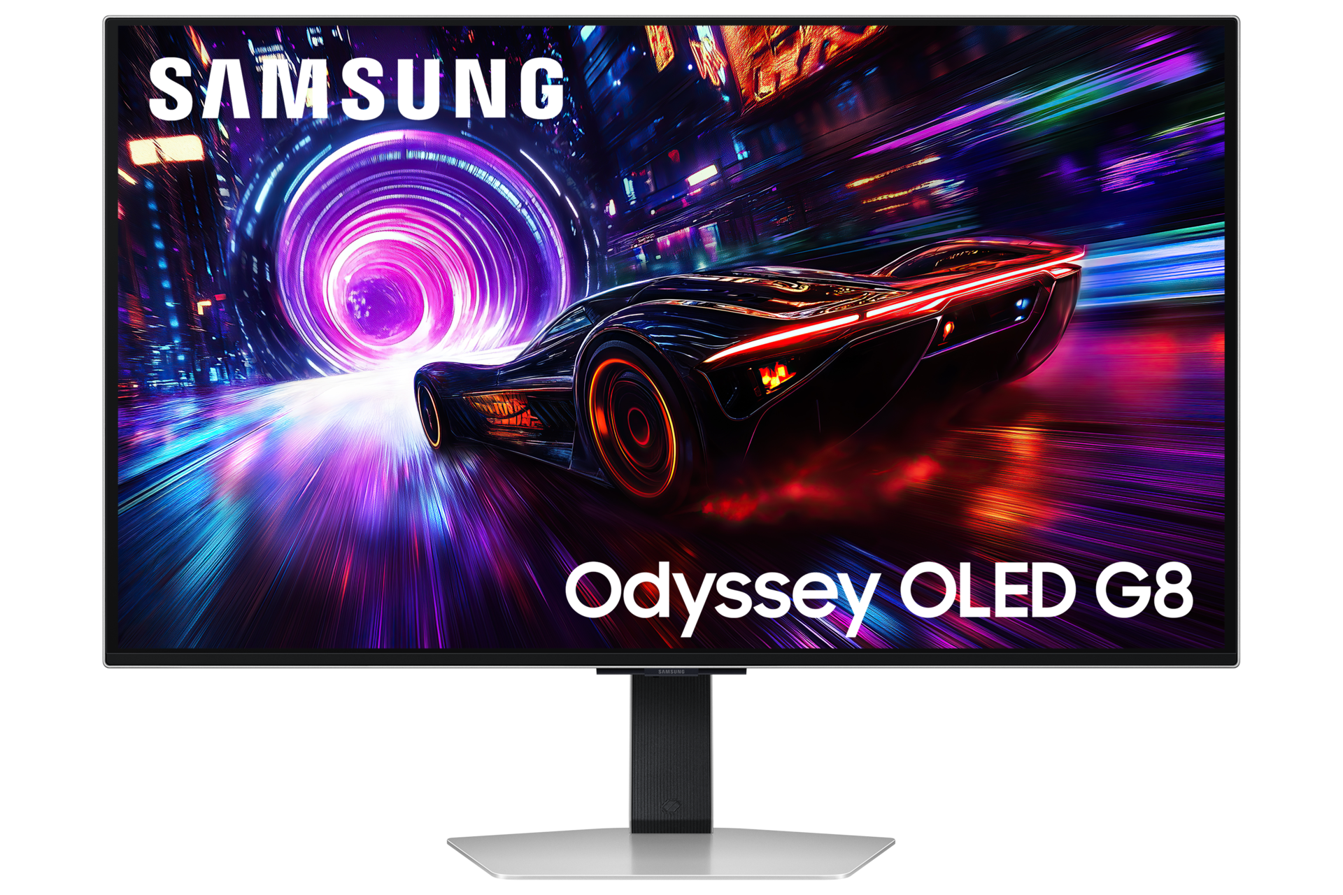 Futurystyczny samochód pędzi przez neonowe miasto z fioletowymi i niebieskimi światłami.