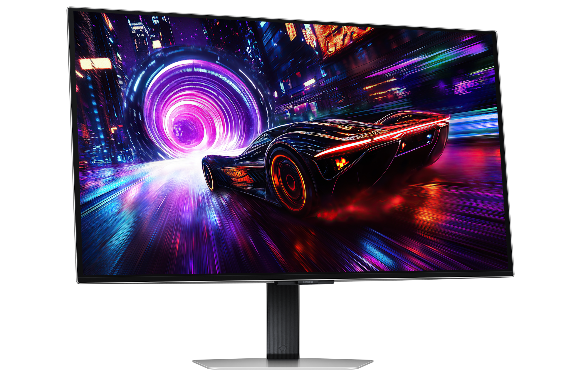 Futurystyczny samochód pędzi przez neonowy tunel miejski.