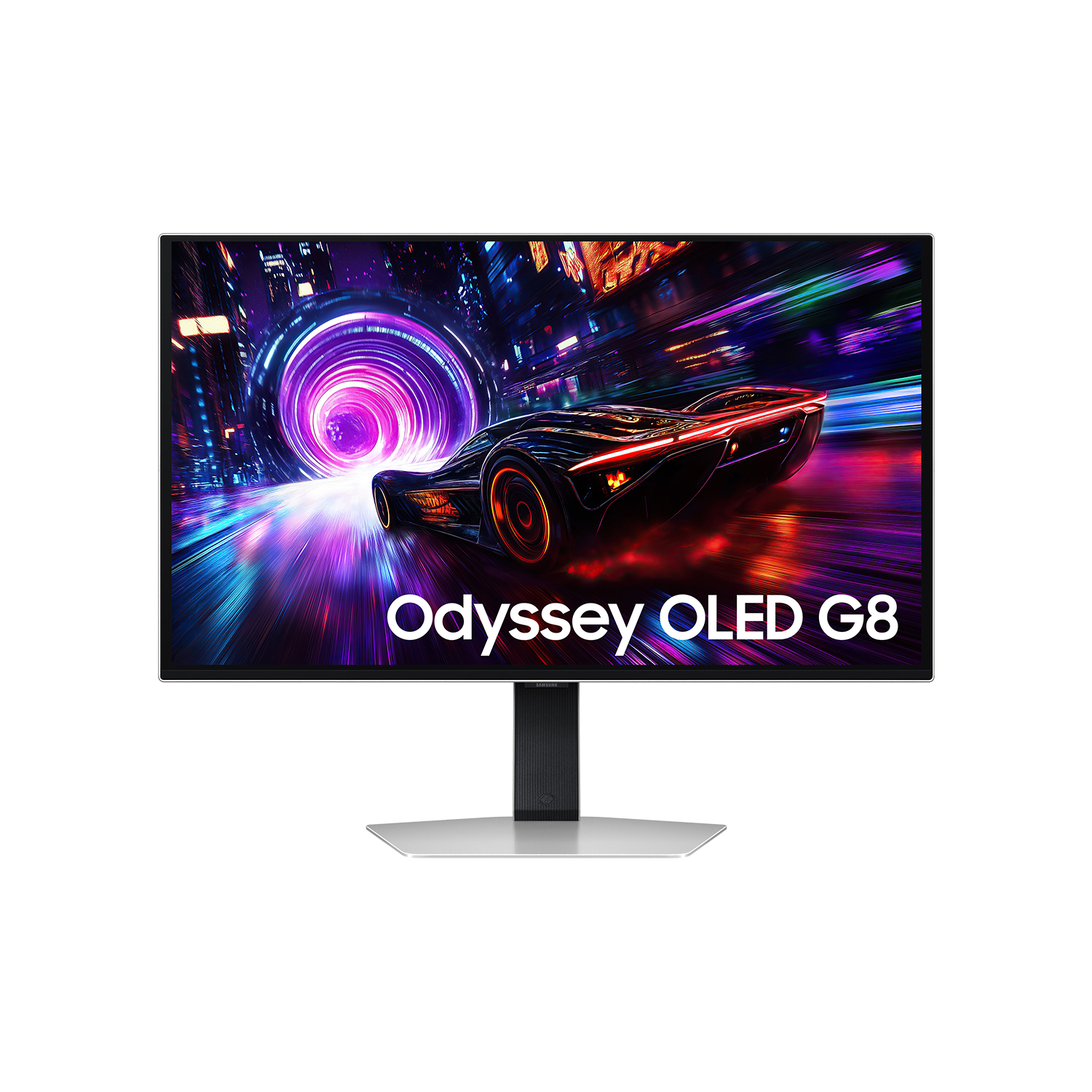 Futurystyczny samochód pędzi przez neonowy tunel. Tekst Odyssey OLED G8.